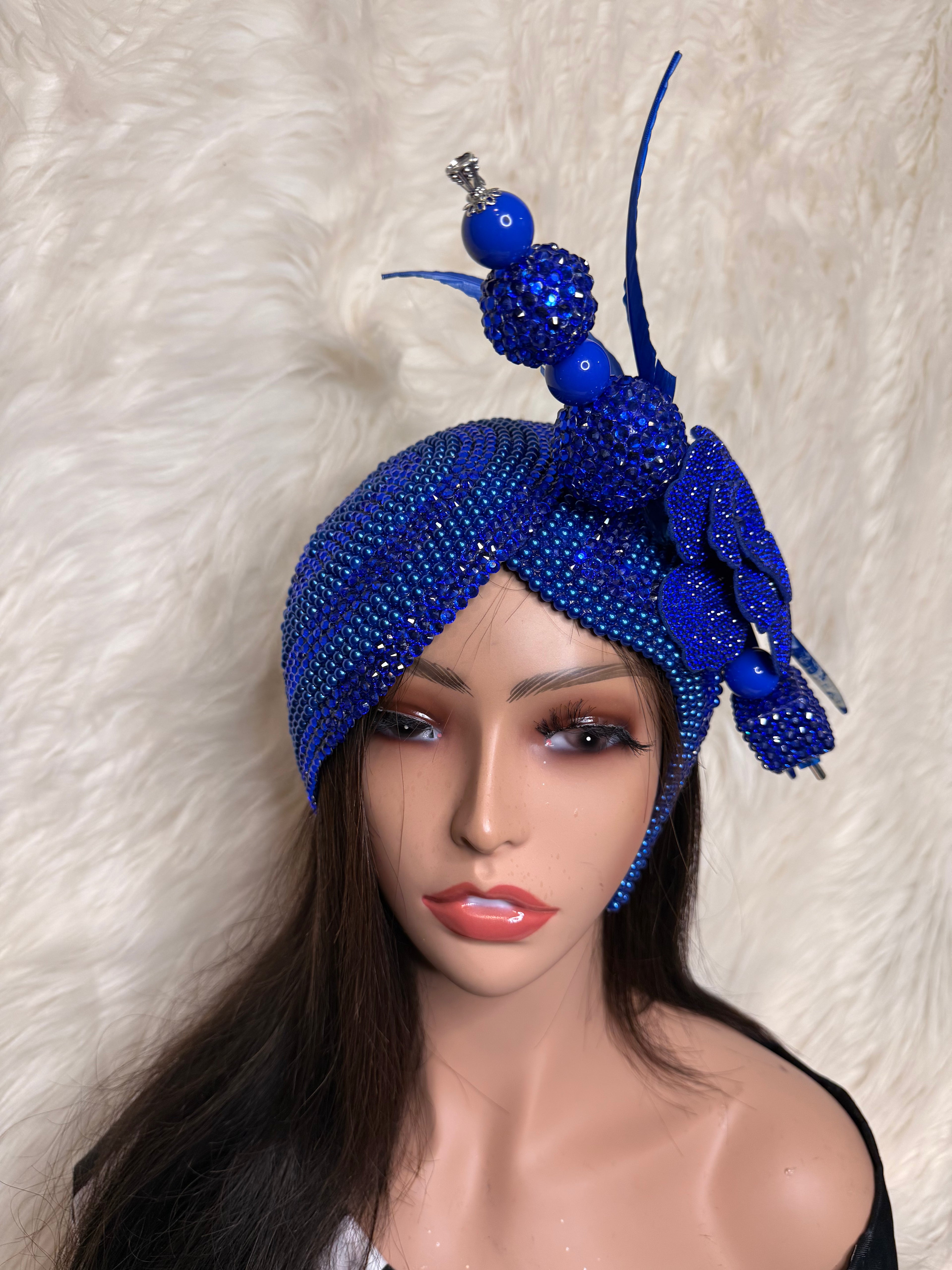 Royal Blue Pearls & Crystal Double Teardrop Fascinator / Oversized Hat Pin