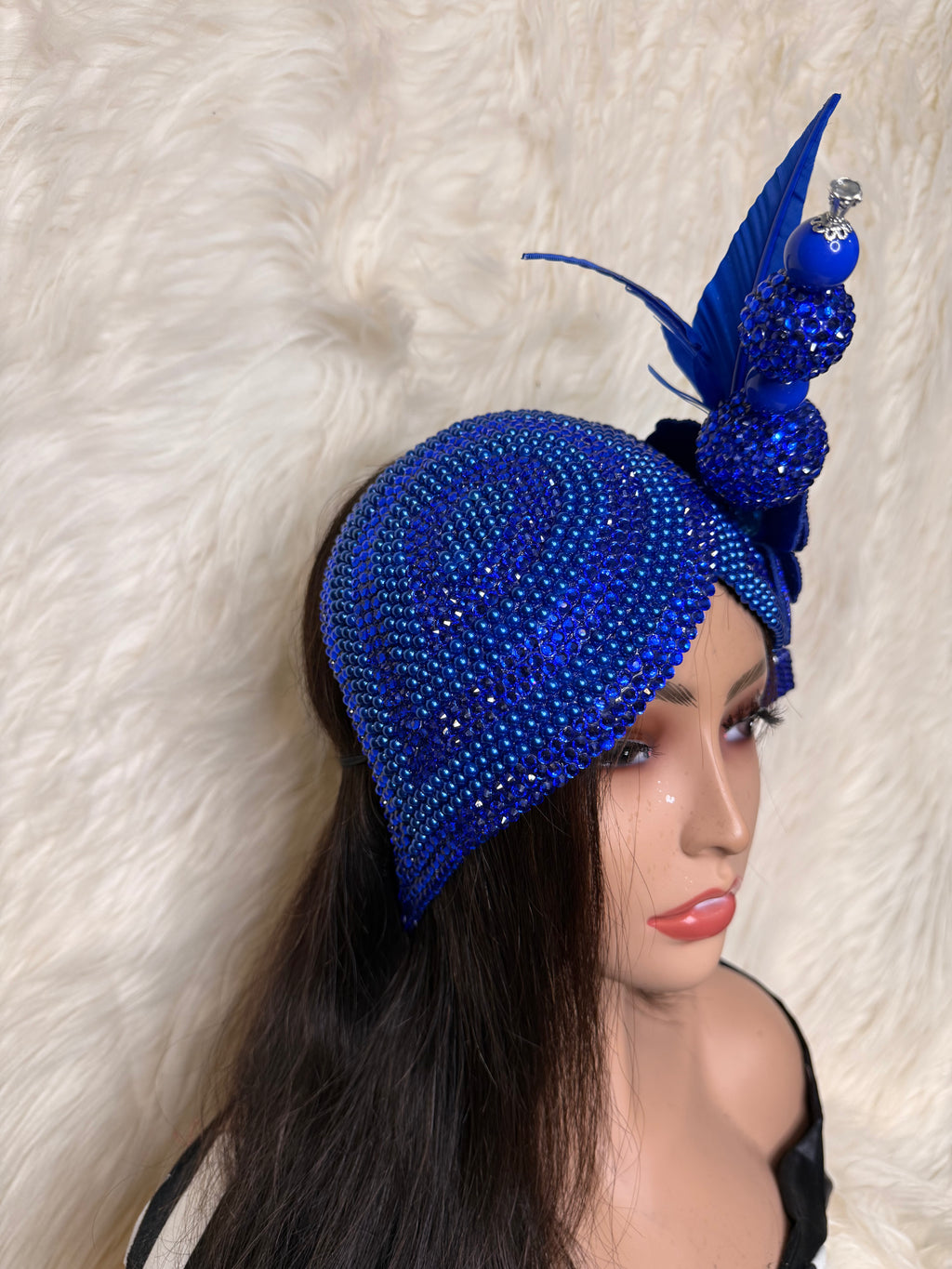 Royal Blue Pearls & Crystal Double Teardrop Fascinator / Oversized Hat Pin