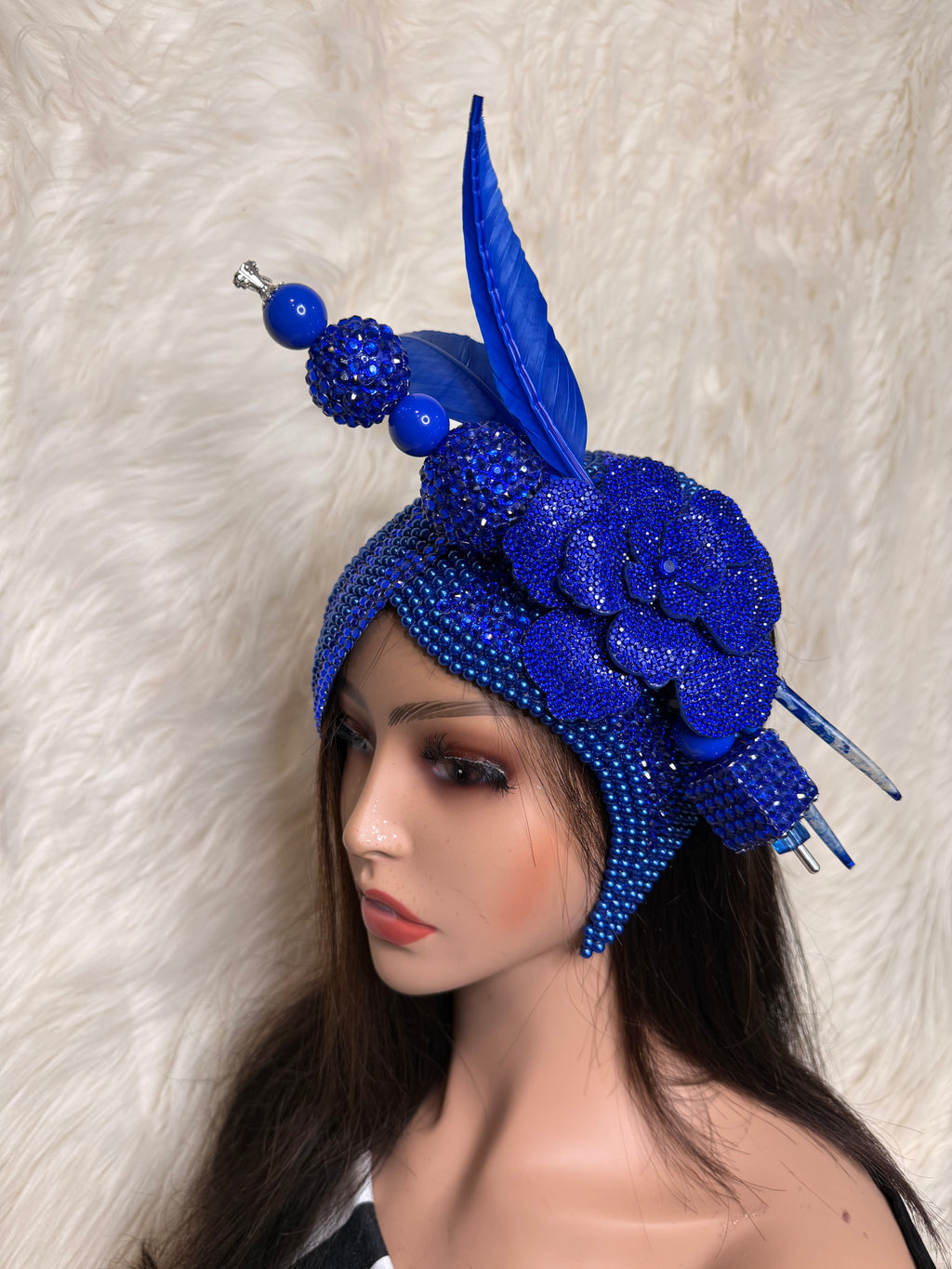 Royal Blue Pearls & Crystal Double Teardrop Fascinator / Oversized Hat Pin