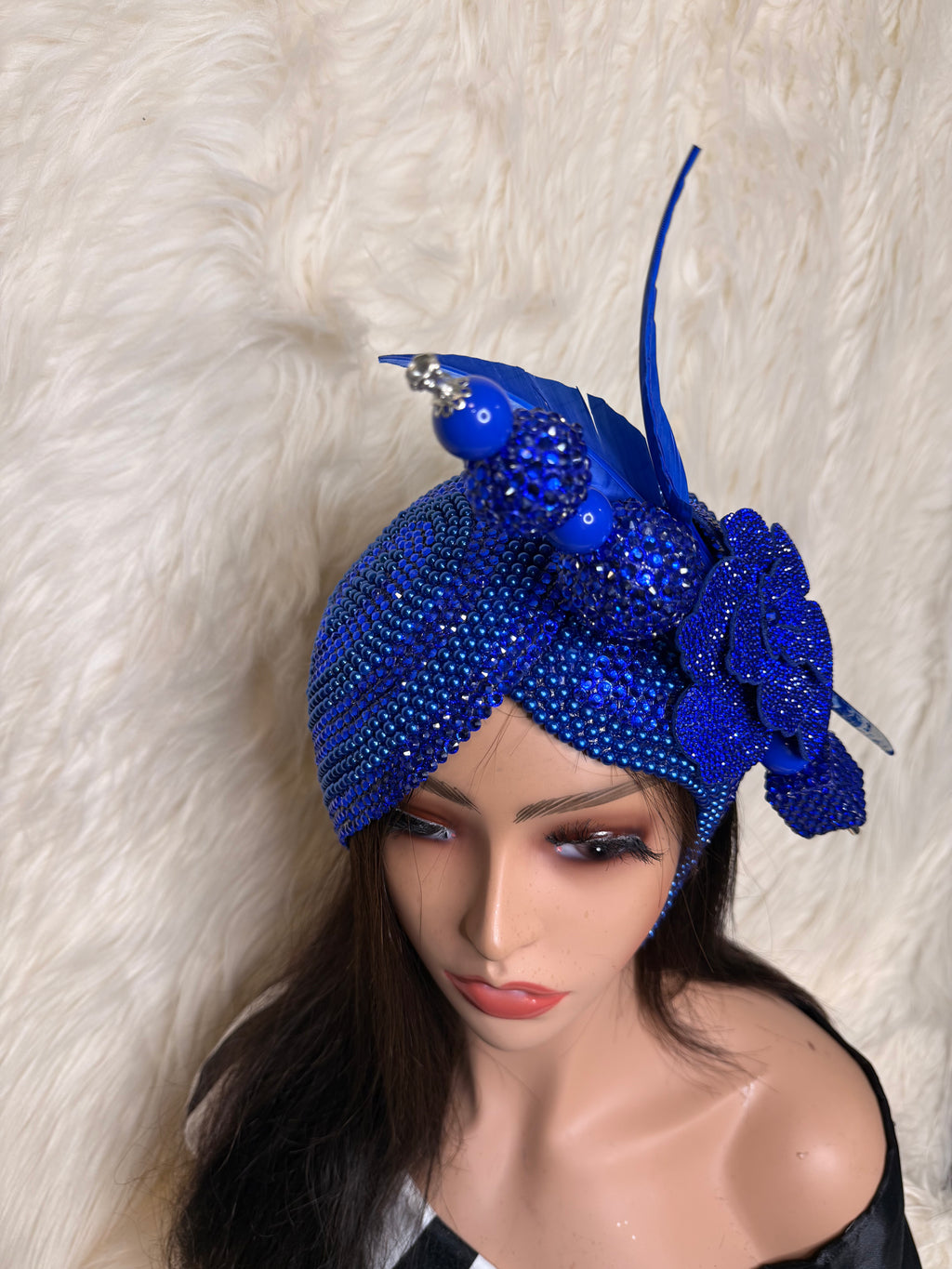 Royal Blue Pearls & Crystal Double Teardrop Fascinator / Oversized Hat Pin
