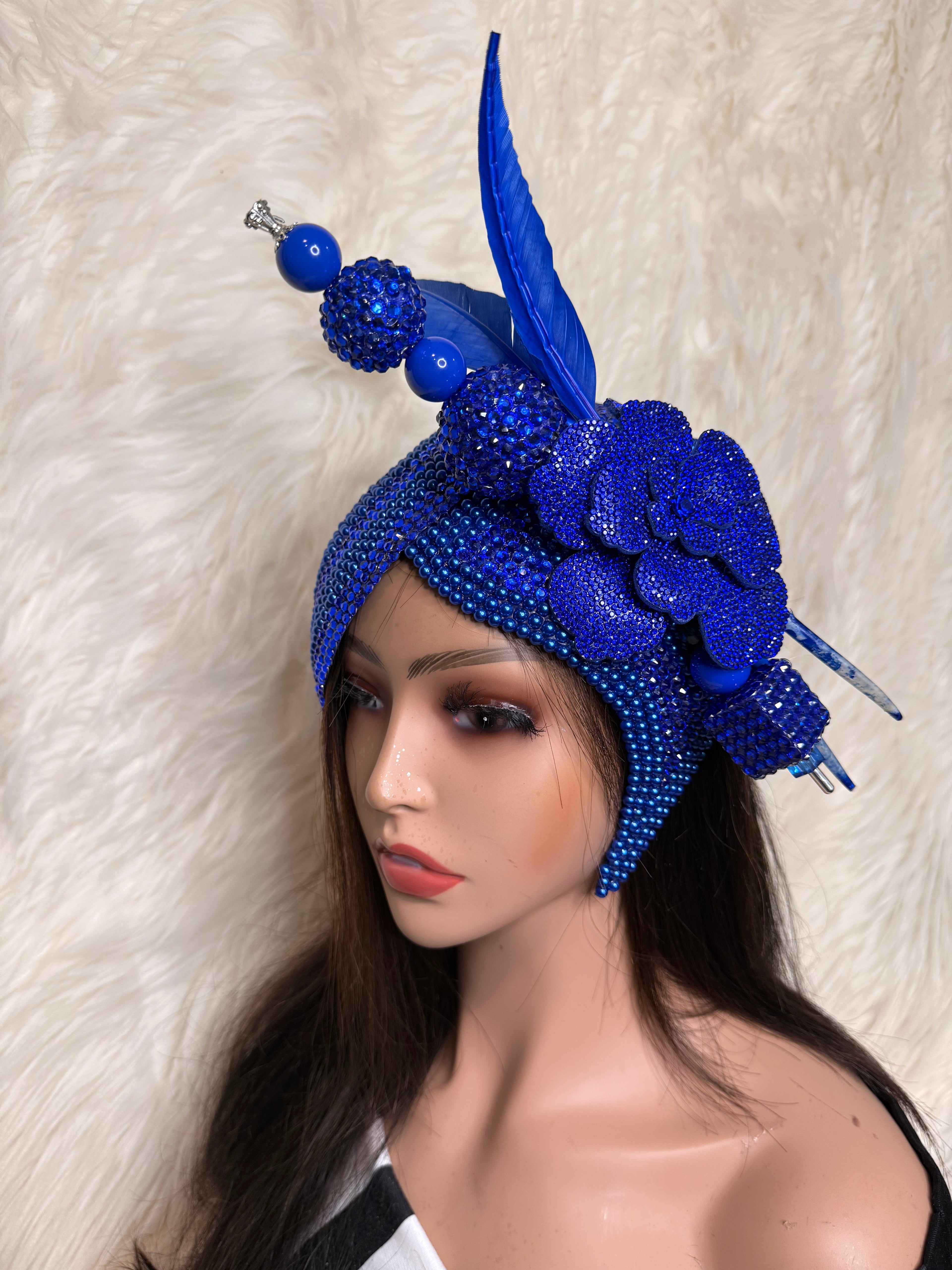 Royal Blue Pearls & Crystal Double Teardrop Fascinator / Oversized Hat Pin