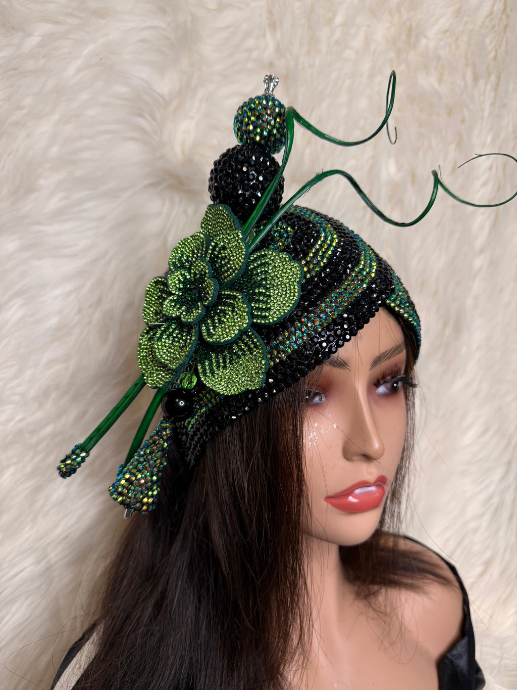 Green & Black Double Cup Teardrop Fascinator / Oversized Hat Pin