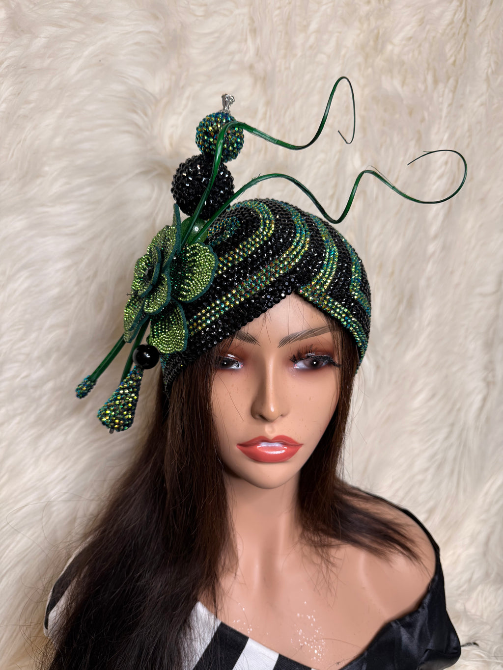 Green & Black Double Cup Teardrop Fascinator / Oversized Hat Pin