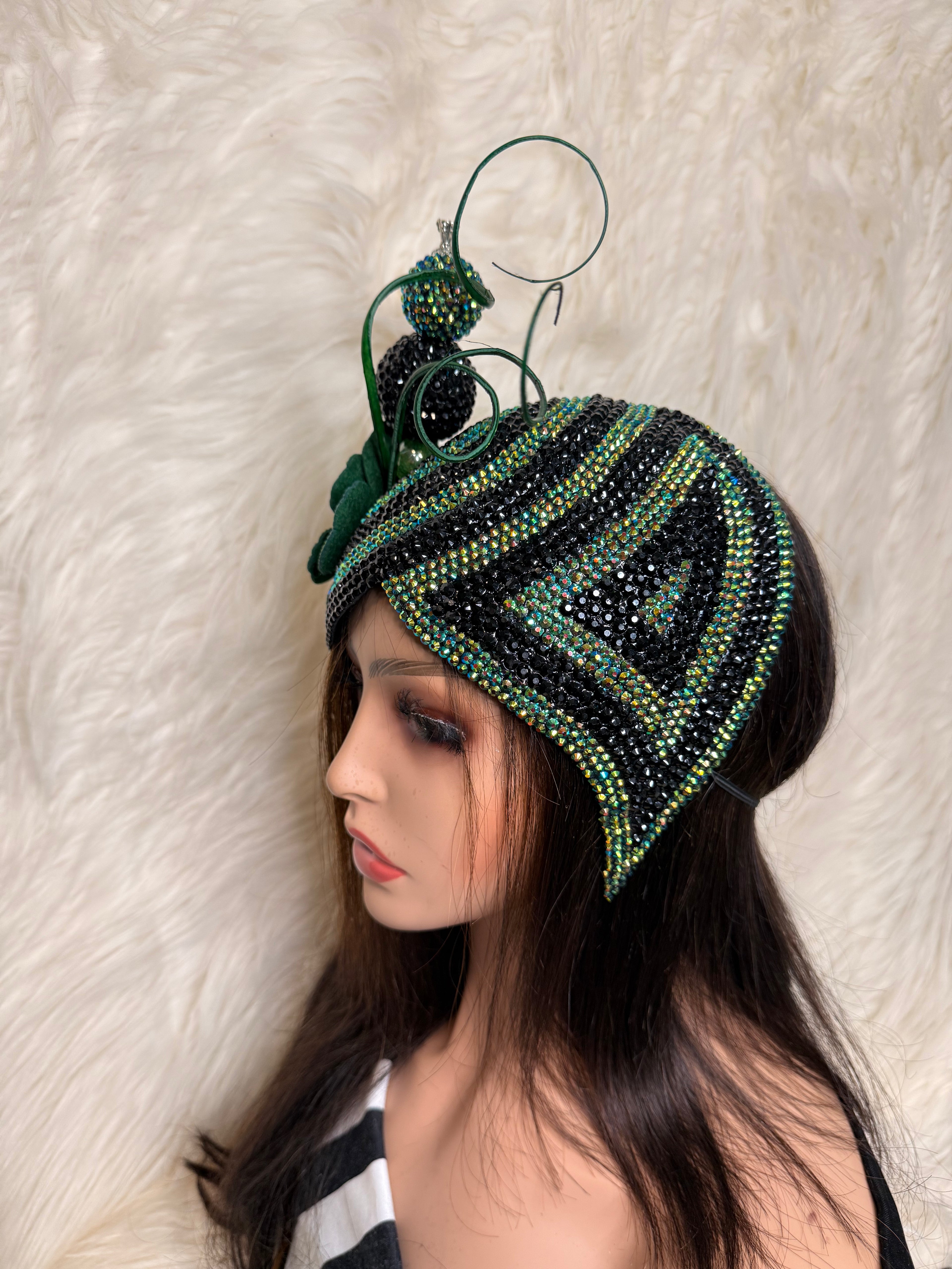 Green & Black Double Cup Teardrop Fascinator / Oversized Hat Pin