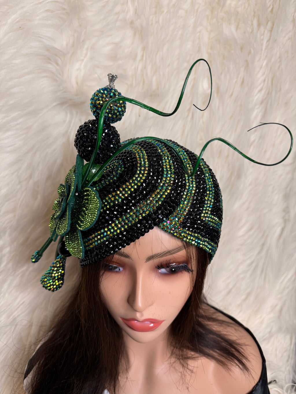 Green & Black Double Cup Teardrop Fascinator / Oversized Hat Pin
