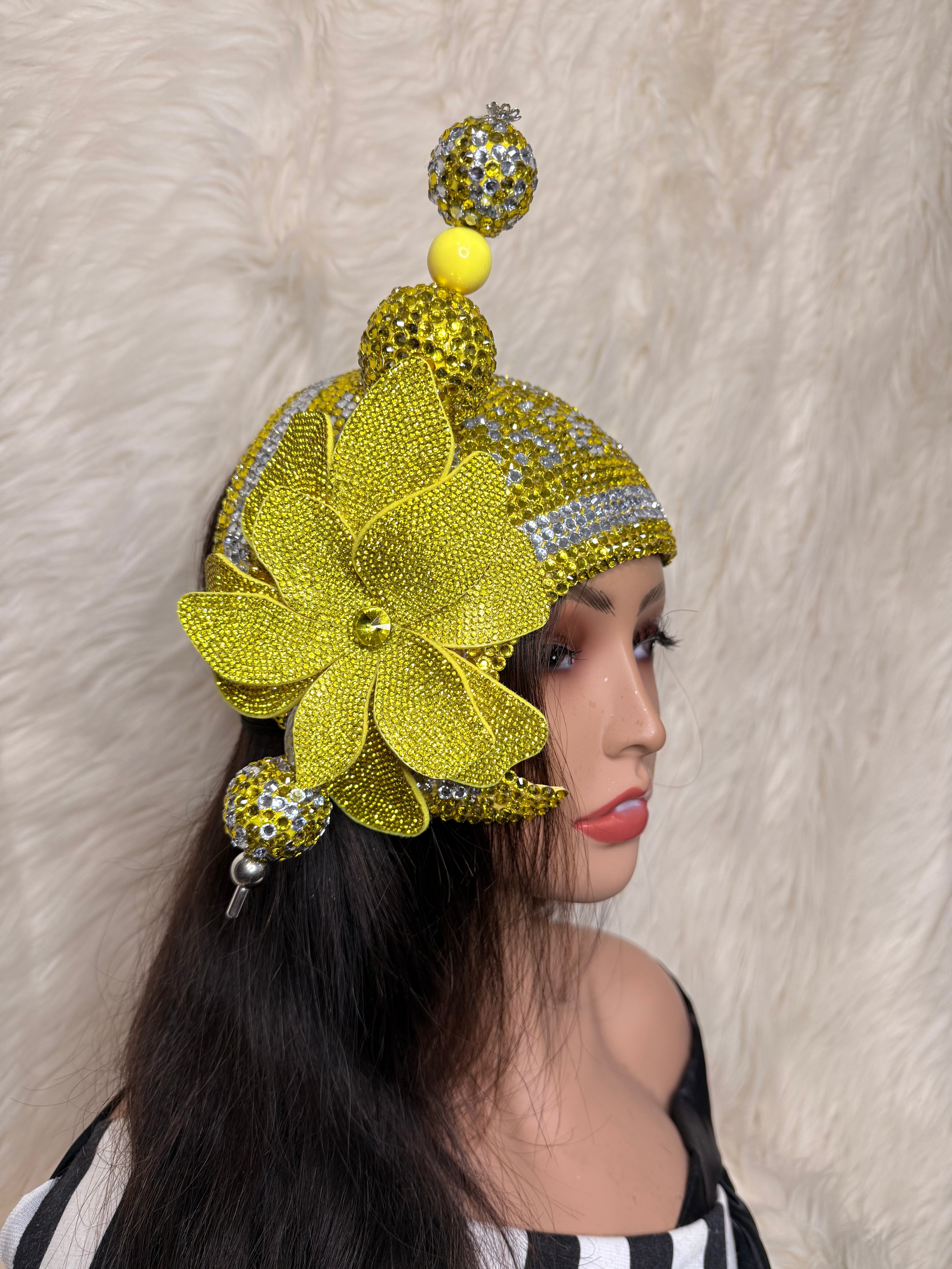Yellow & Silver Crystal Fascinator /W Oversized Hat Pin