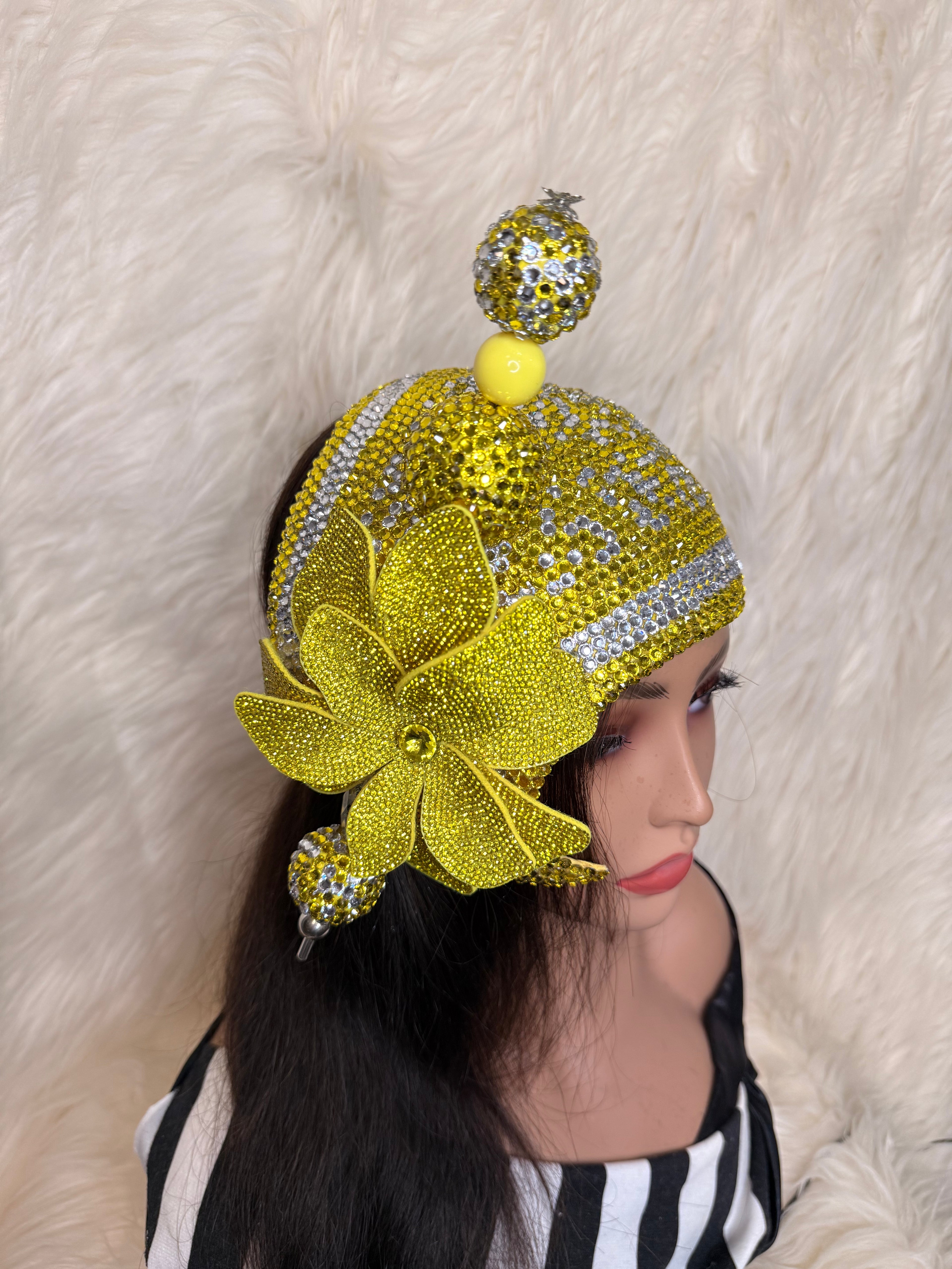 Yellow & Silver Crystal Fascinator /W Oversized Hat Pin