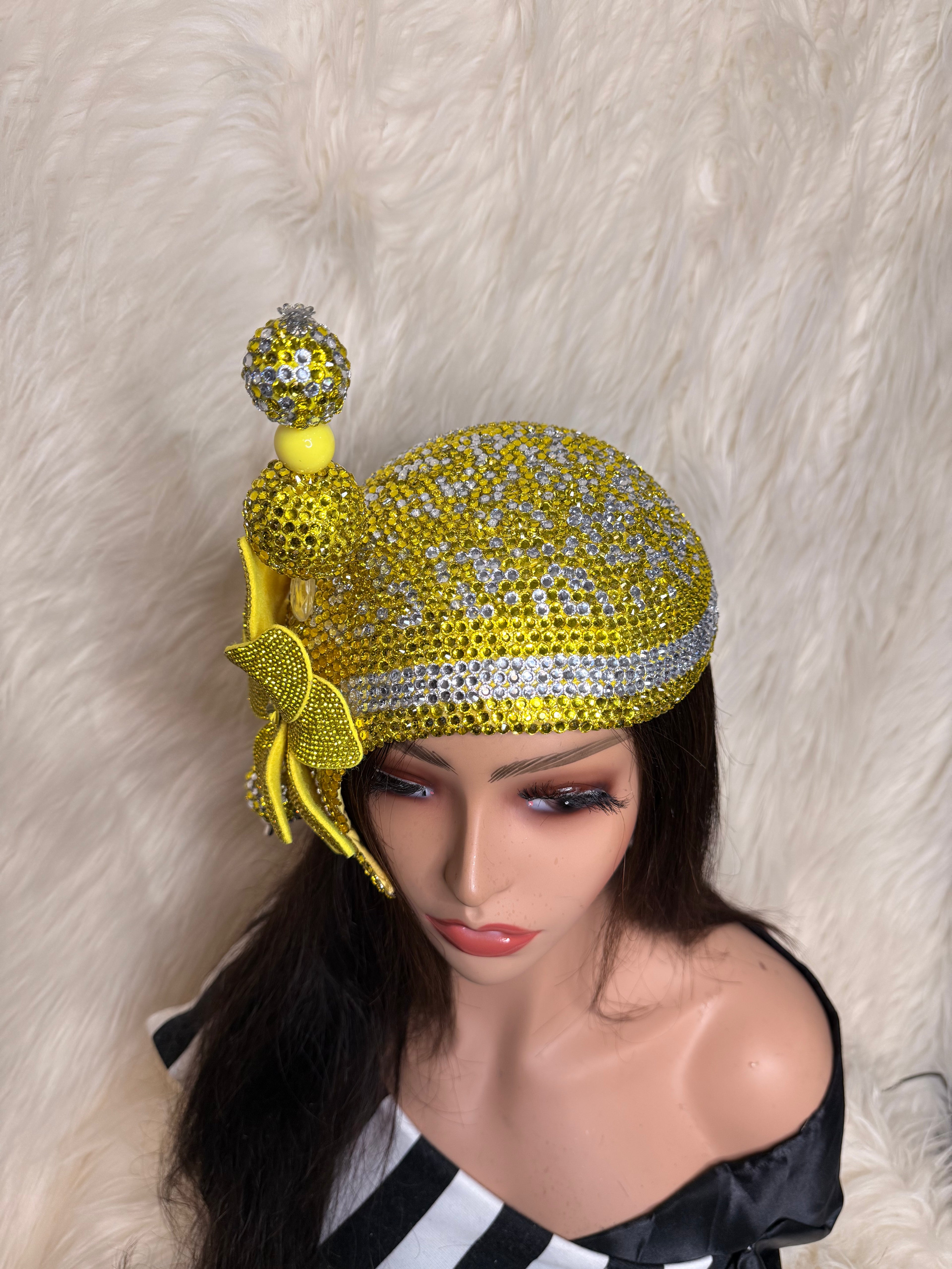 Yellow & Silver Crystal Fascinator /W Oversized Hat Pin