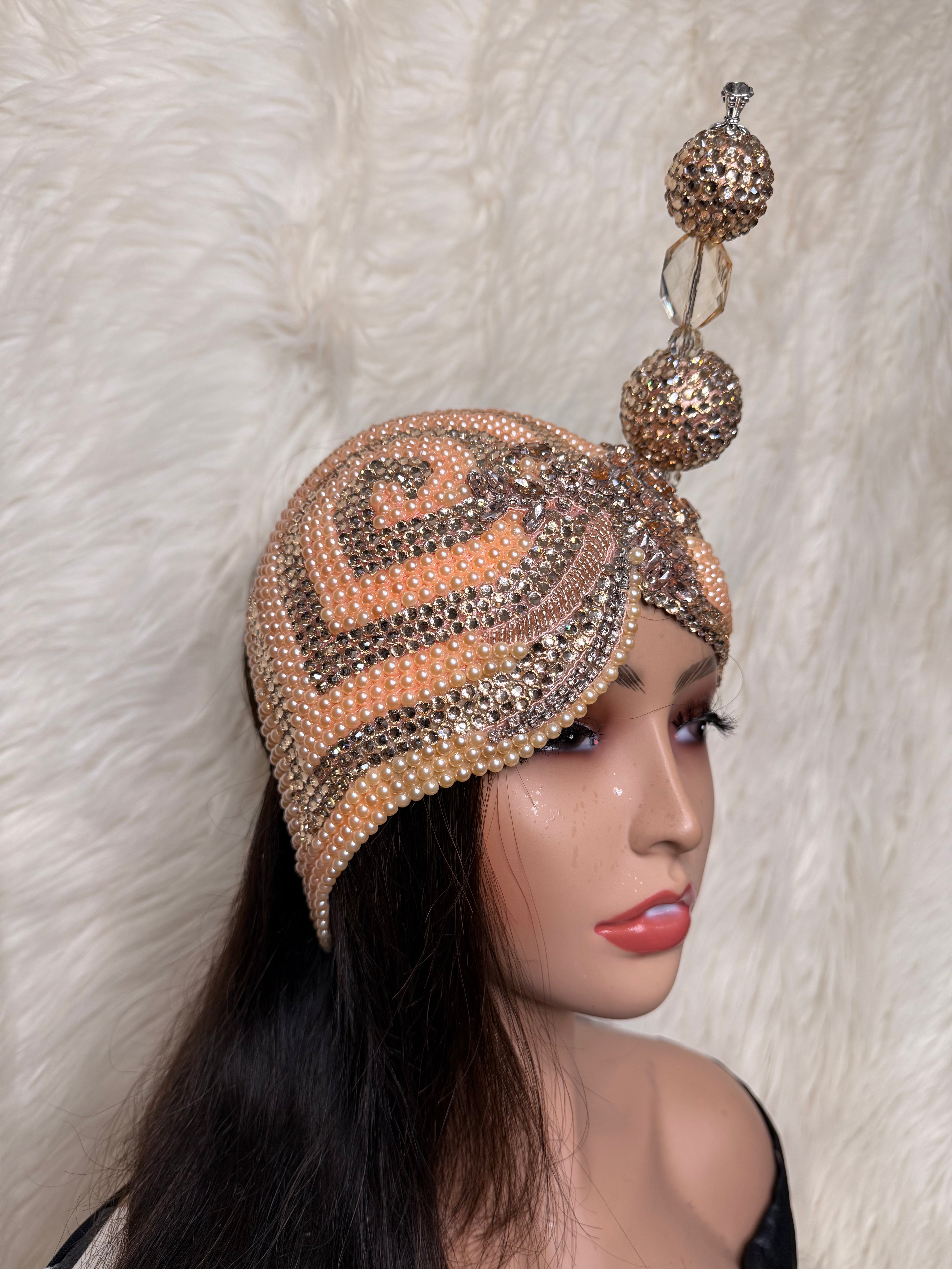 Peach Pearls & Crystals Double Cup Teardrop Fascinator /W Oversized Hat Pin