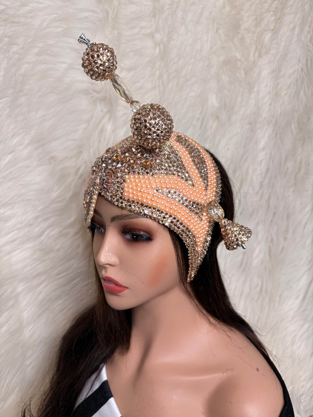 Peach Pearls & Crystals Double Cup Teardrop Fascinator /W Oversized Hat Pin