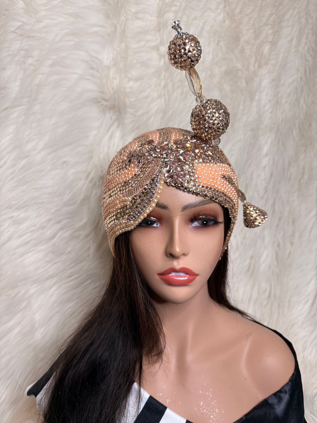 Peach Pearls & Crystals Double Cup Teardrop Fascinator /W Oversized Hat Pin