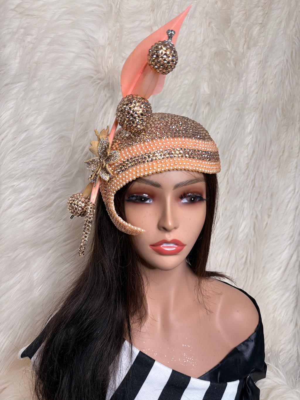 Peach Crystal & Pearls Fascinator / W Oversized Hat Pin