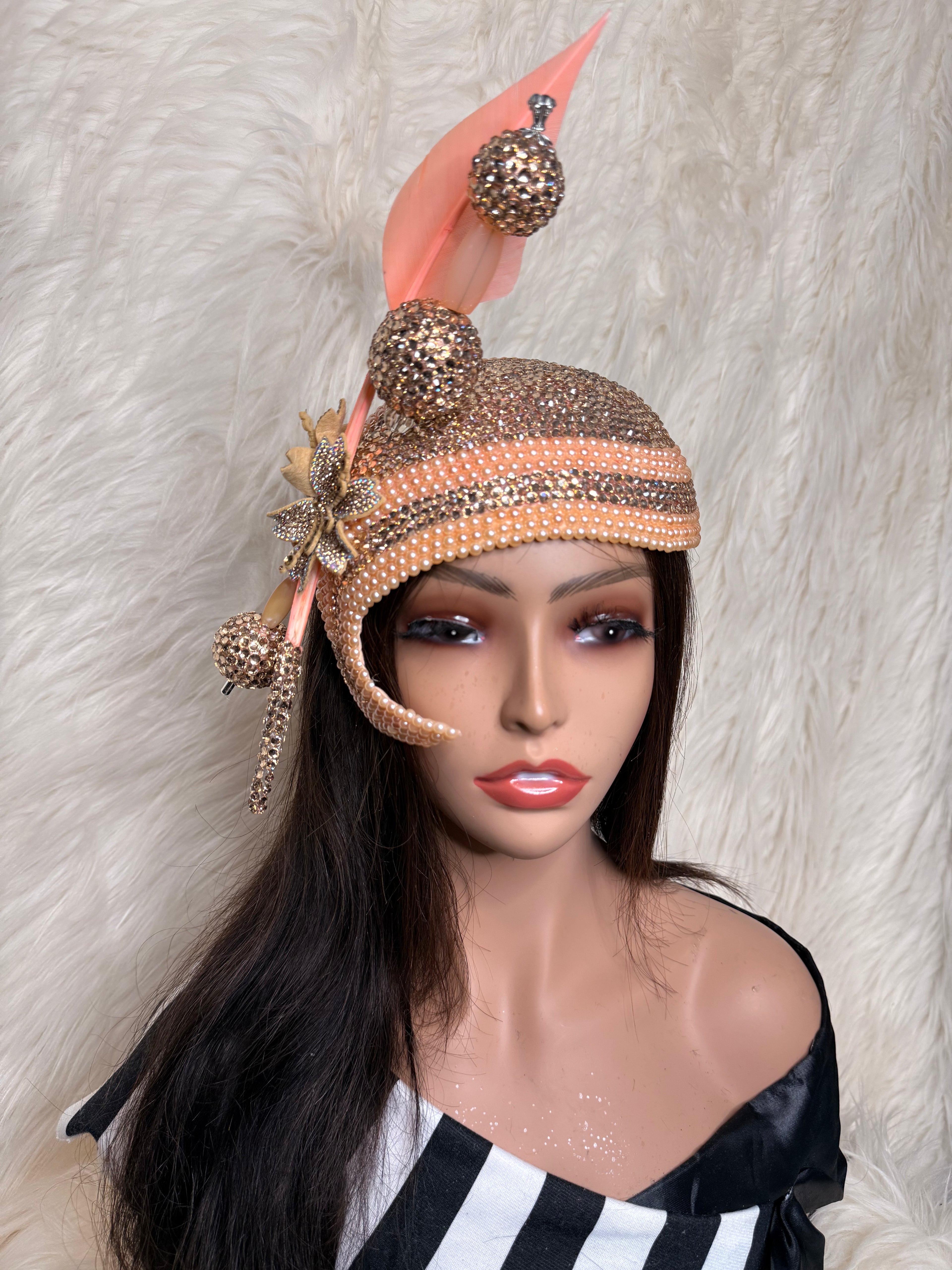 Peach Crystal & Pearls Fascinator / W Oversized Hat Pin