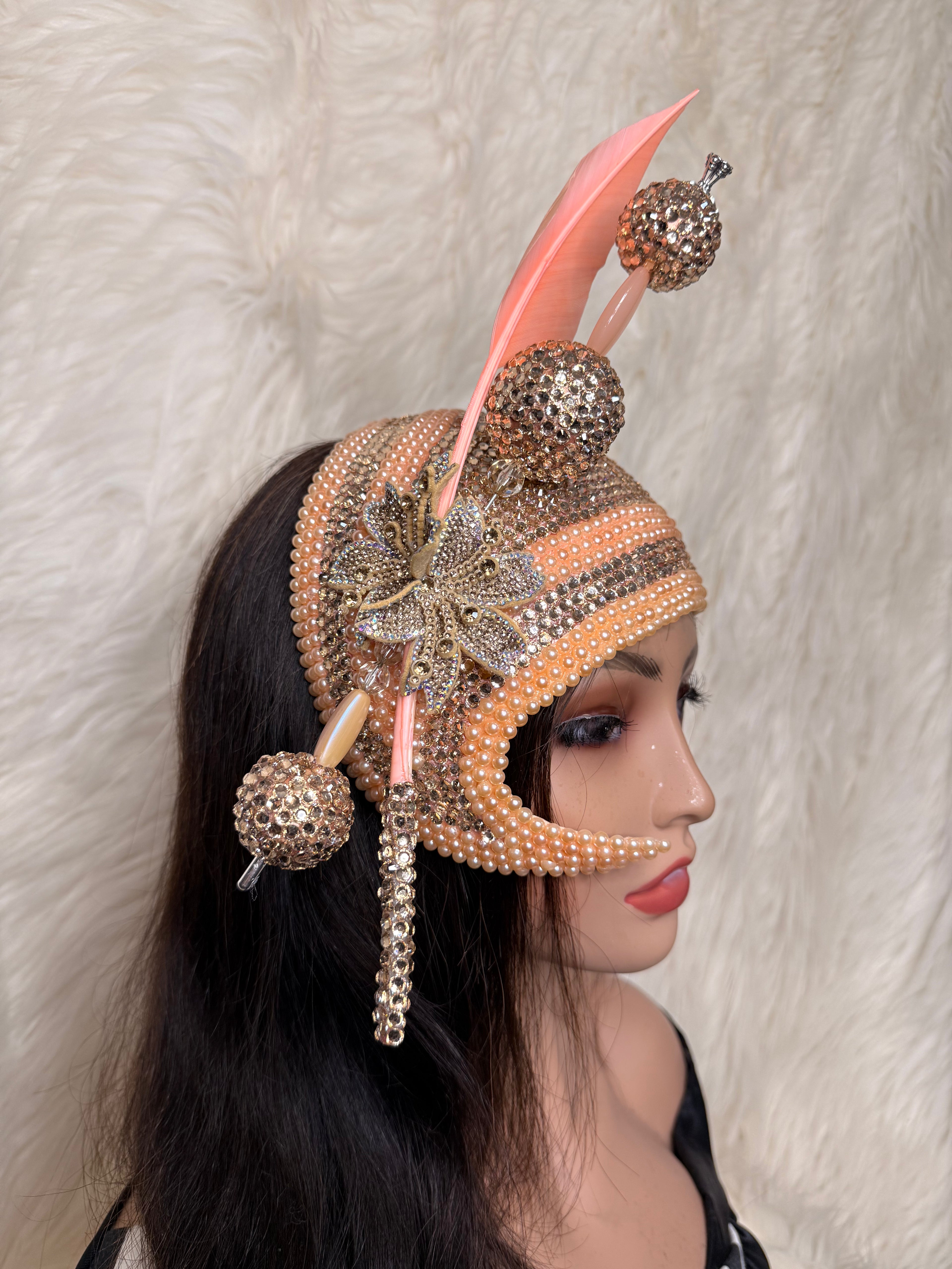 Peach Crystal & Pearls Fascinator / W Oversized Hat Pin