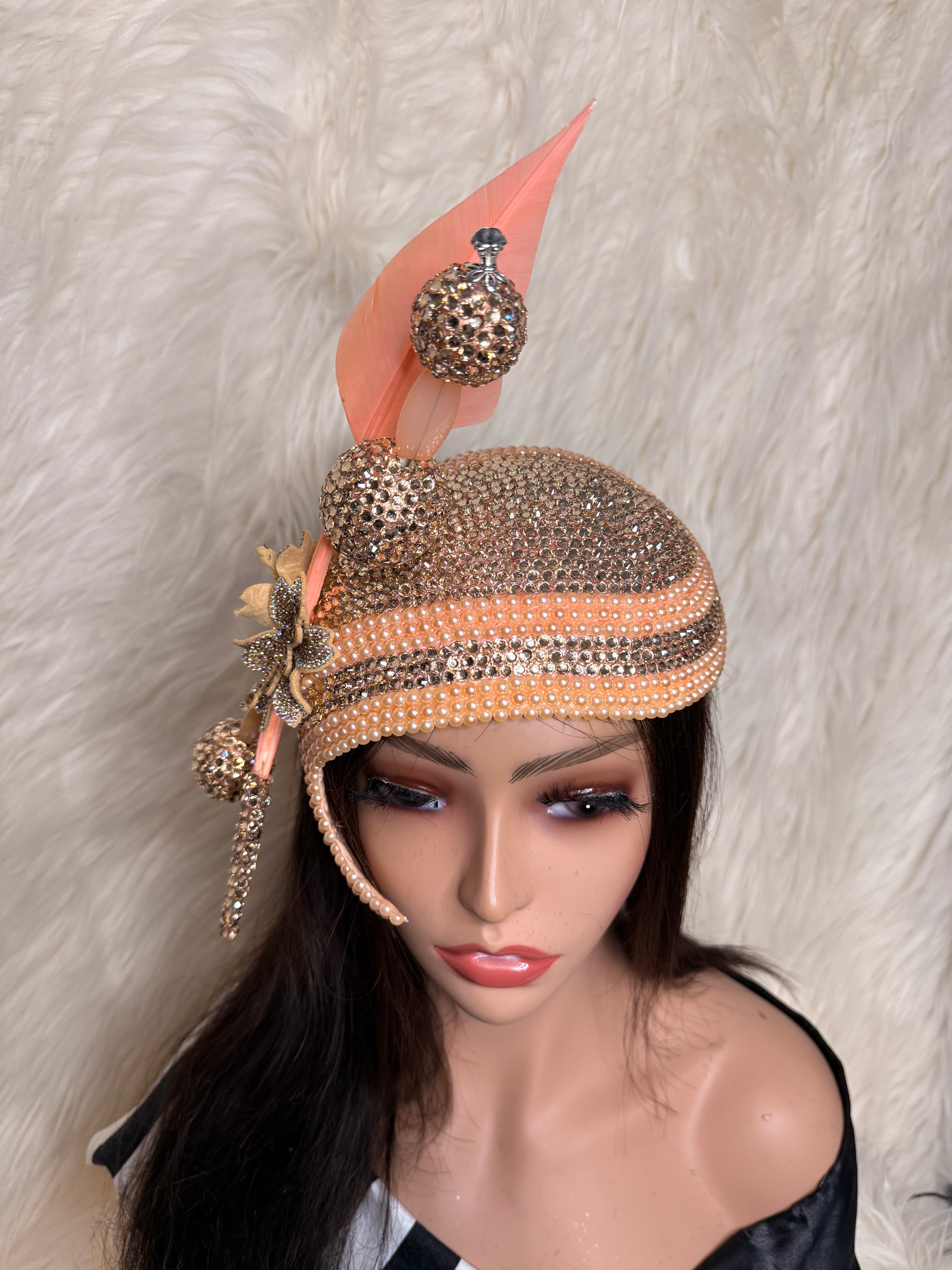 Peach Crystal & Pearls Fascinator / W Oversized Hat Pin