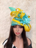 Yellow and Turquoise Multi-Colored Layered Hat (3/4 Hat)