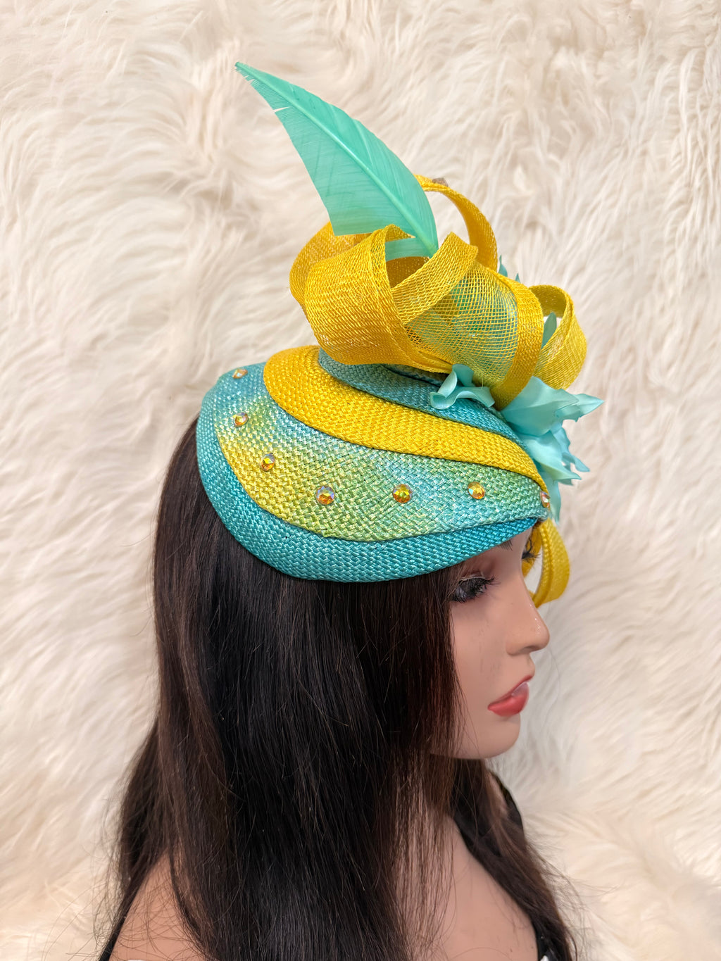 Yellow and Turquoise Multi-Colored Layered Hat (3/4 Hat)