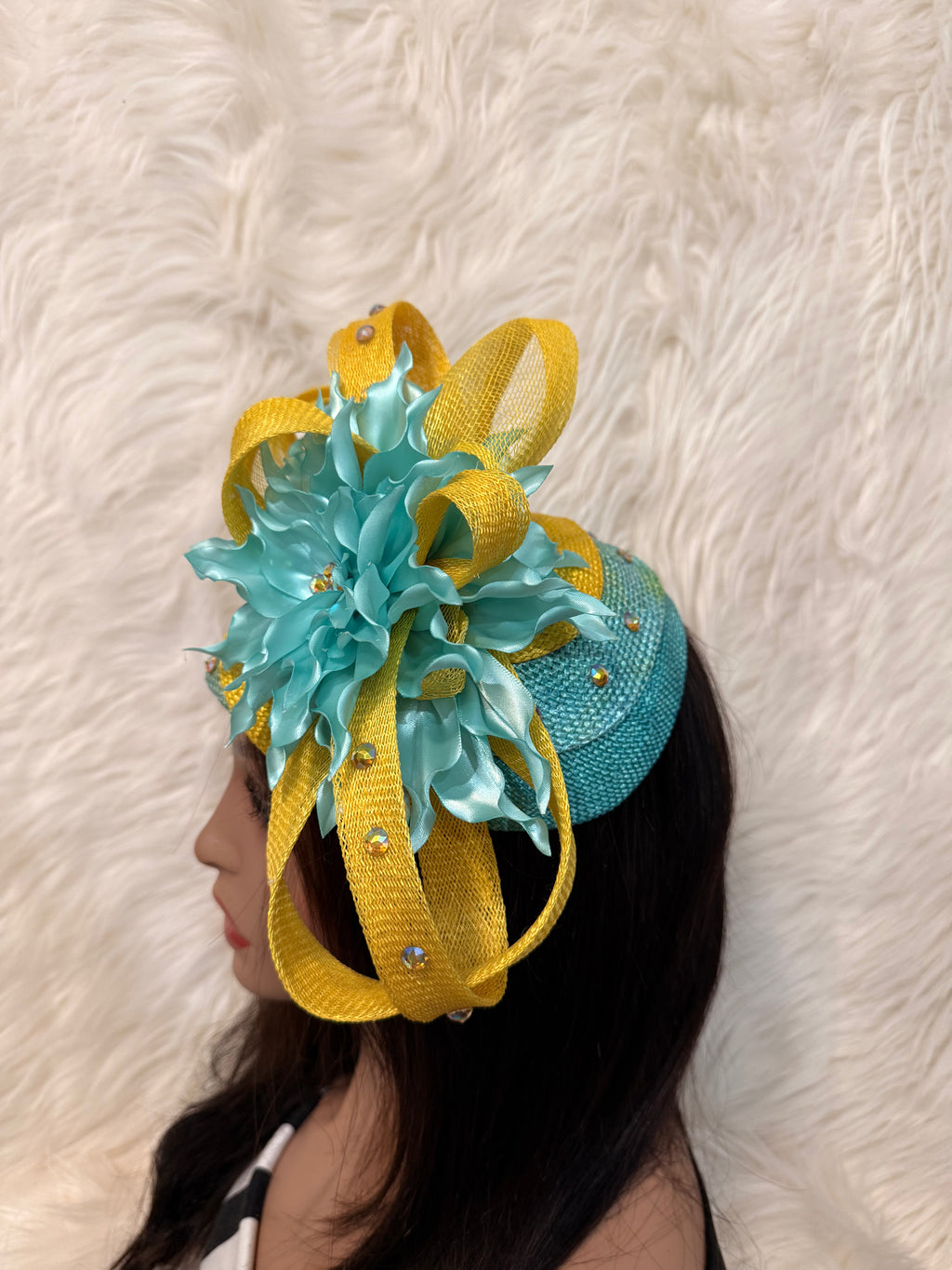 Yellow and Turquoise Multi-Colored Layered Hat (3/4 Hat)
