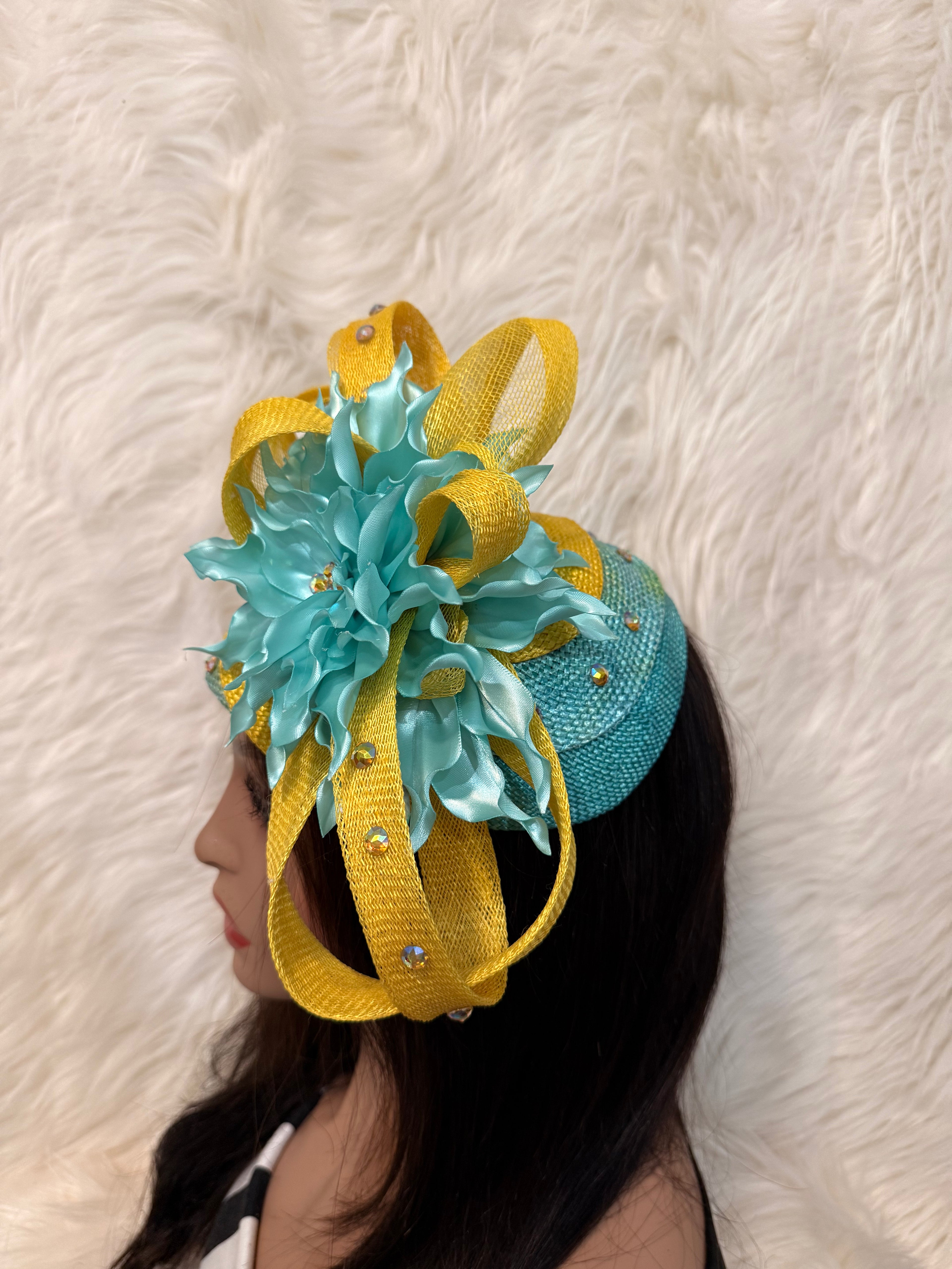 Yellow and Turquoise Multi-Colored Layered Hat (3/4 Hat)