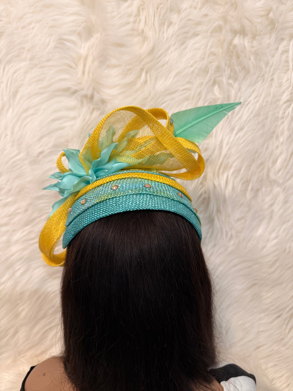 Yellow and Turquoise Multi-Colored Layered Hat (3/4 Hat)
