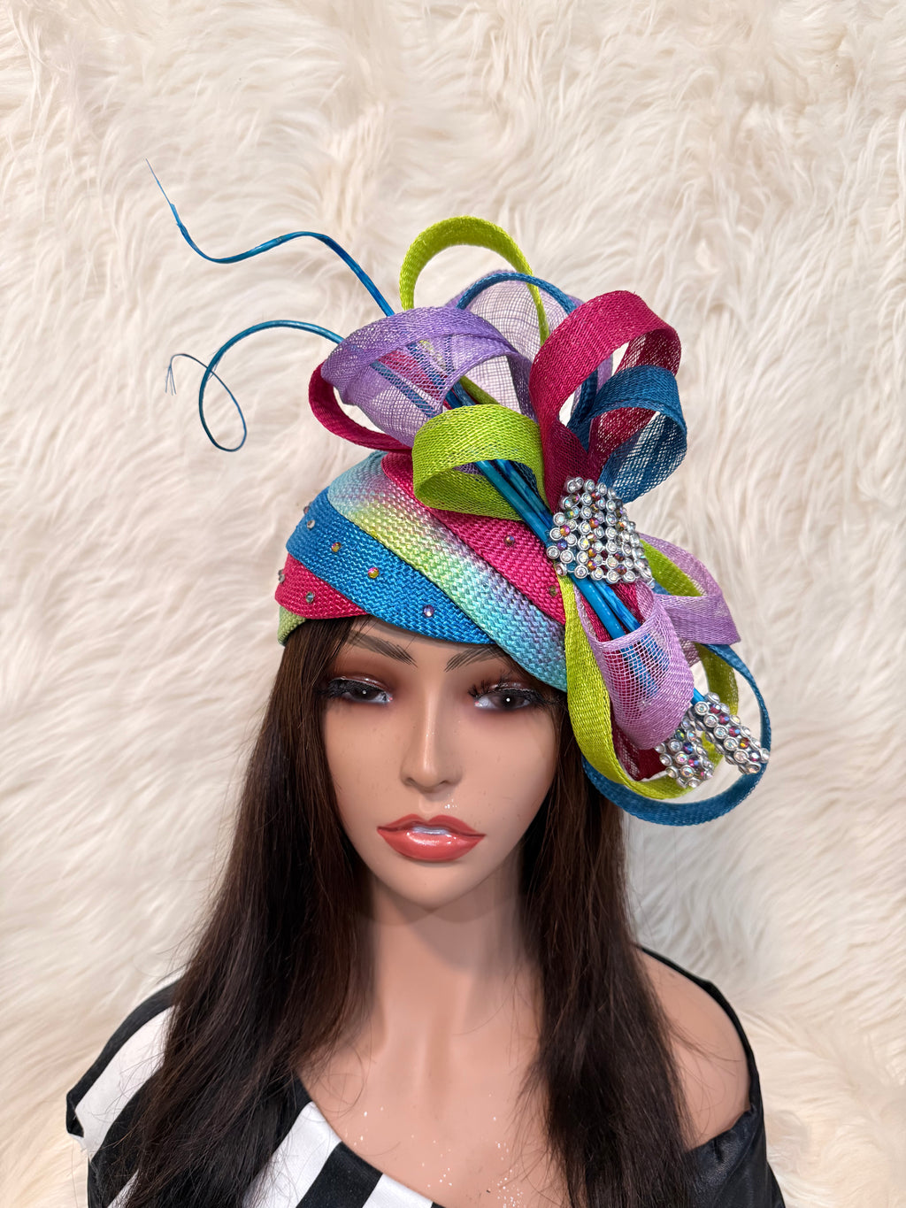 Hot Pink, Lime Green, Lavender and Deep Aqua Blue Multi-colored Layered Hat(3/4 Hat)