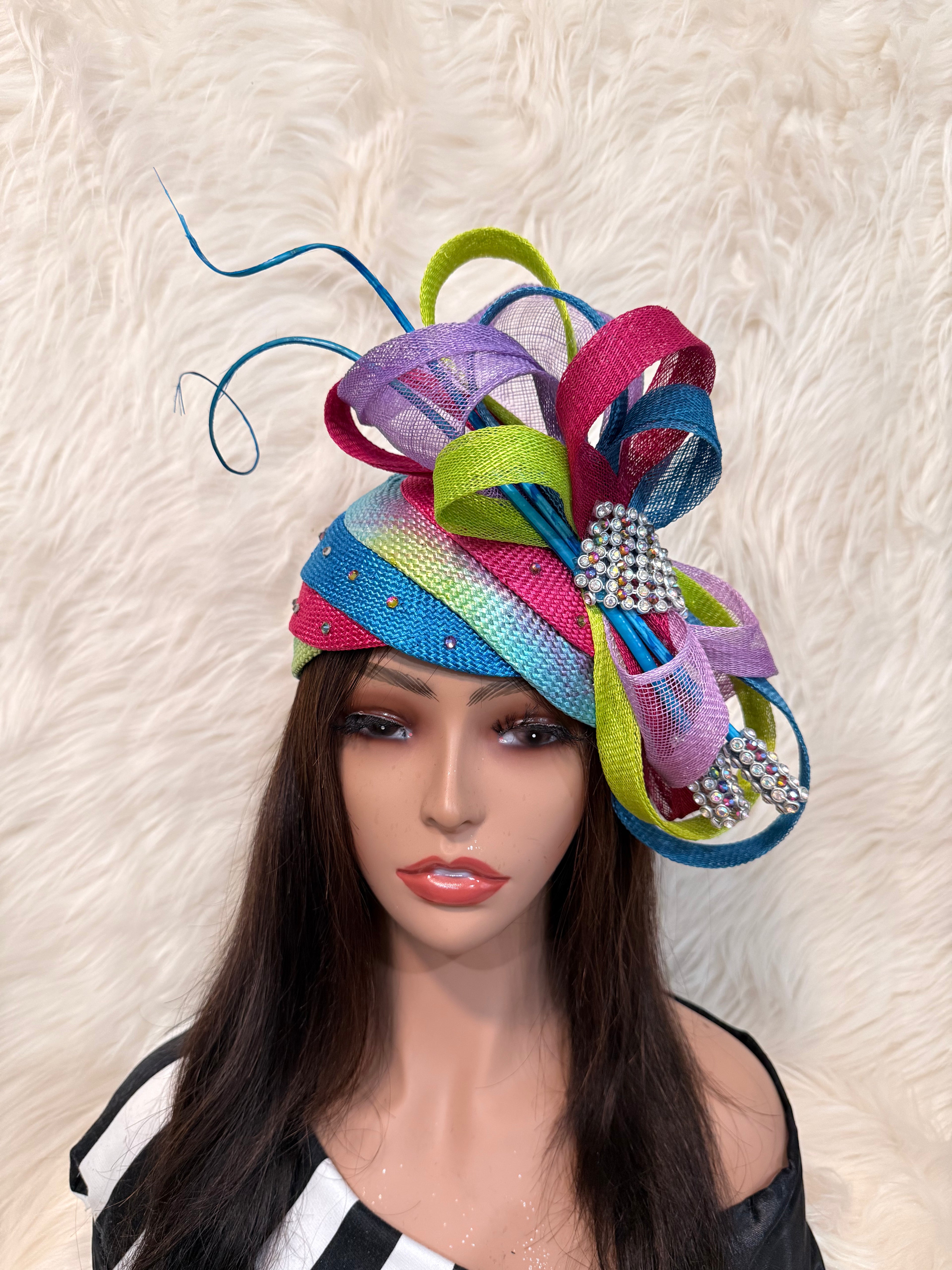 Hot Pink, Lime Green, Lavender and Deep Aqua Blue Multi-colored Layered Hat(3/4 Hat)