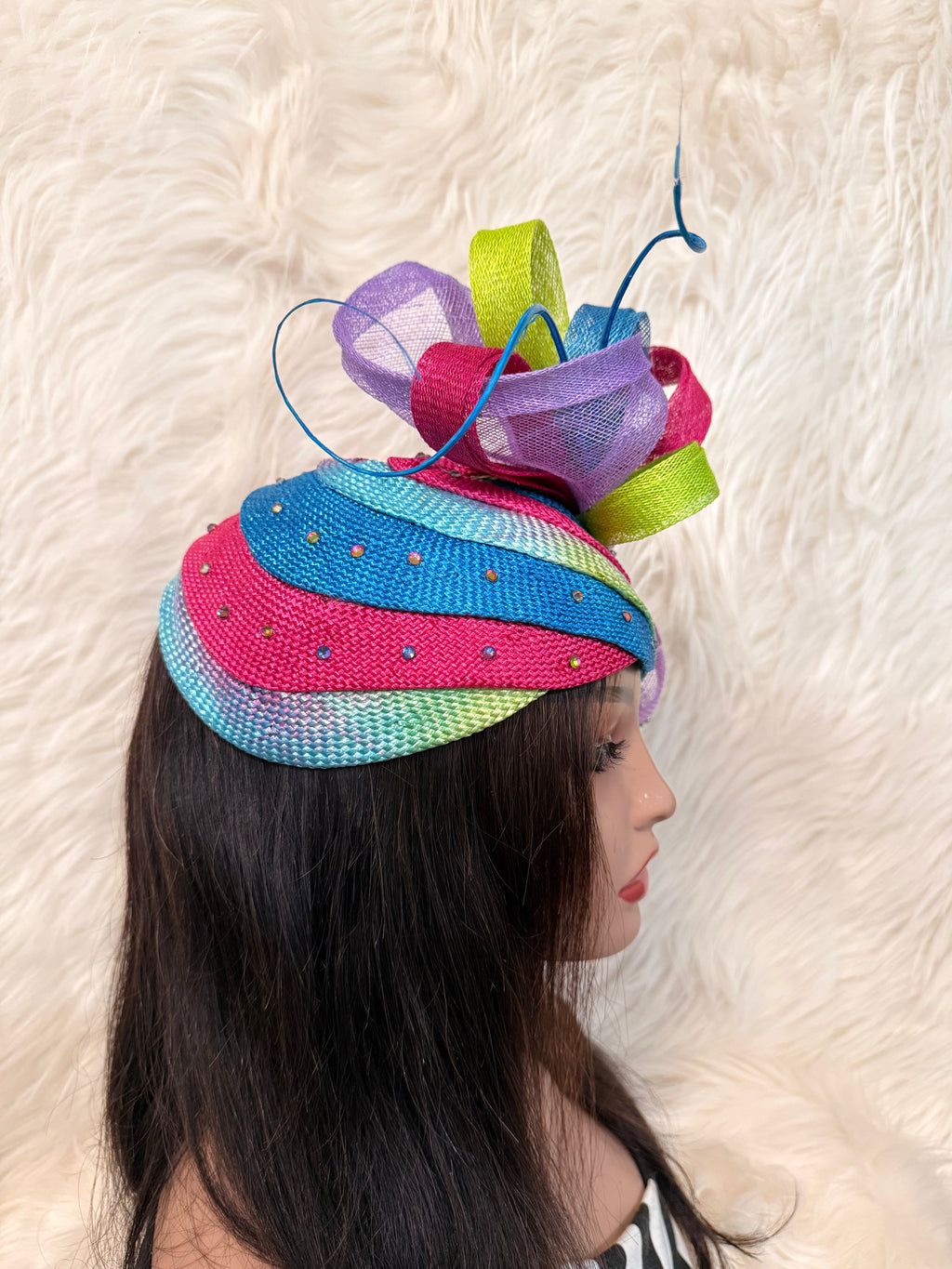 Hot Pink, Lime Green, Lavender and Deep Aqua Blue Multi-colored Layered Hat(3/4 Hat)
