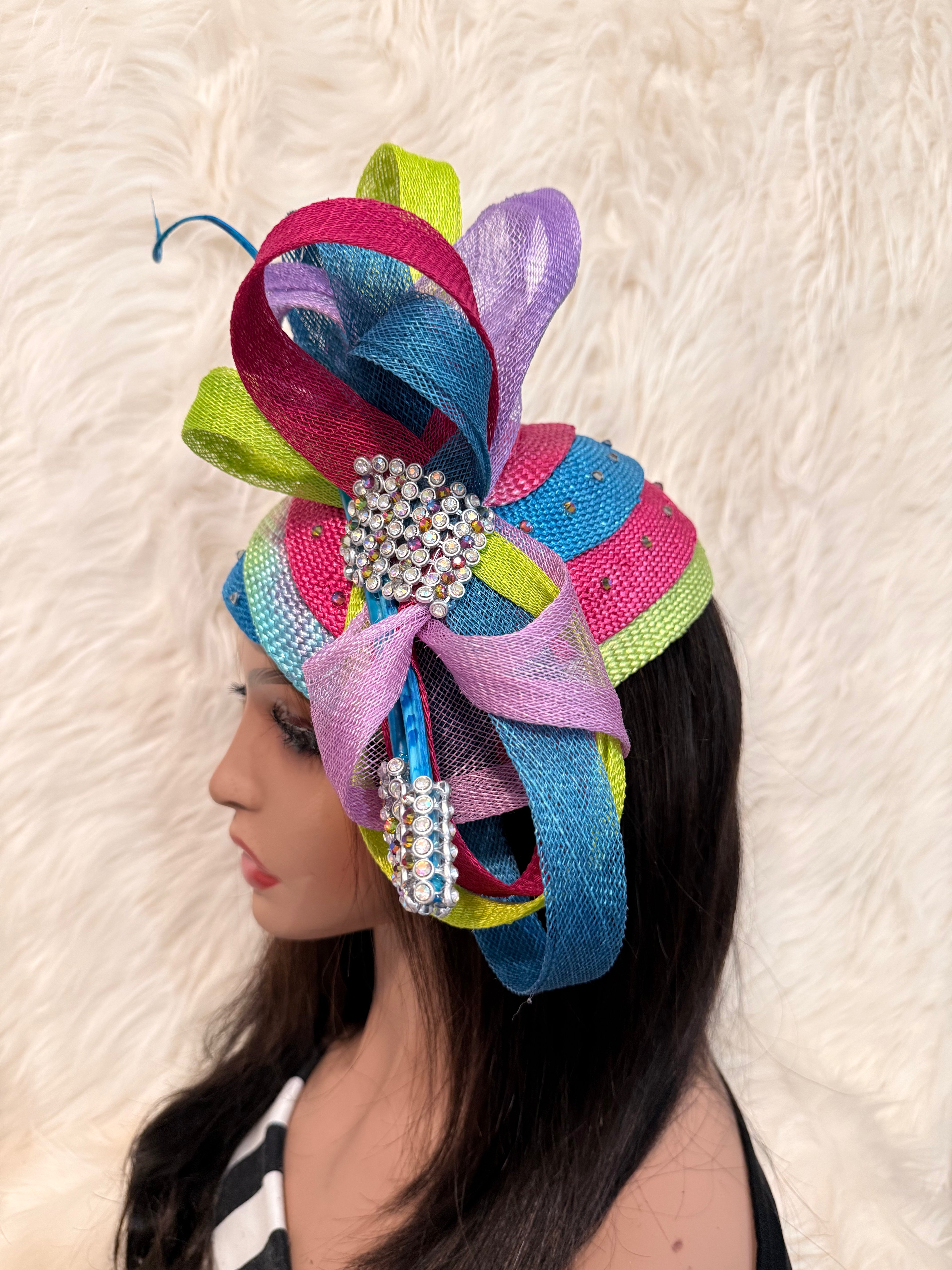 Hot Pink, Lime Green, Lavender and Deep Aqua Blue Multi-colored Layered Hat(3/4 Hat)