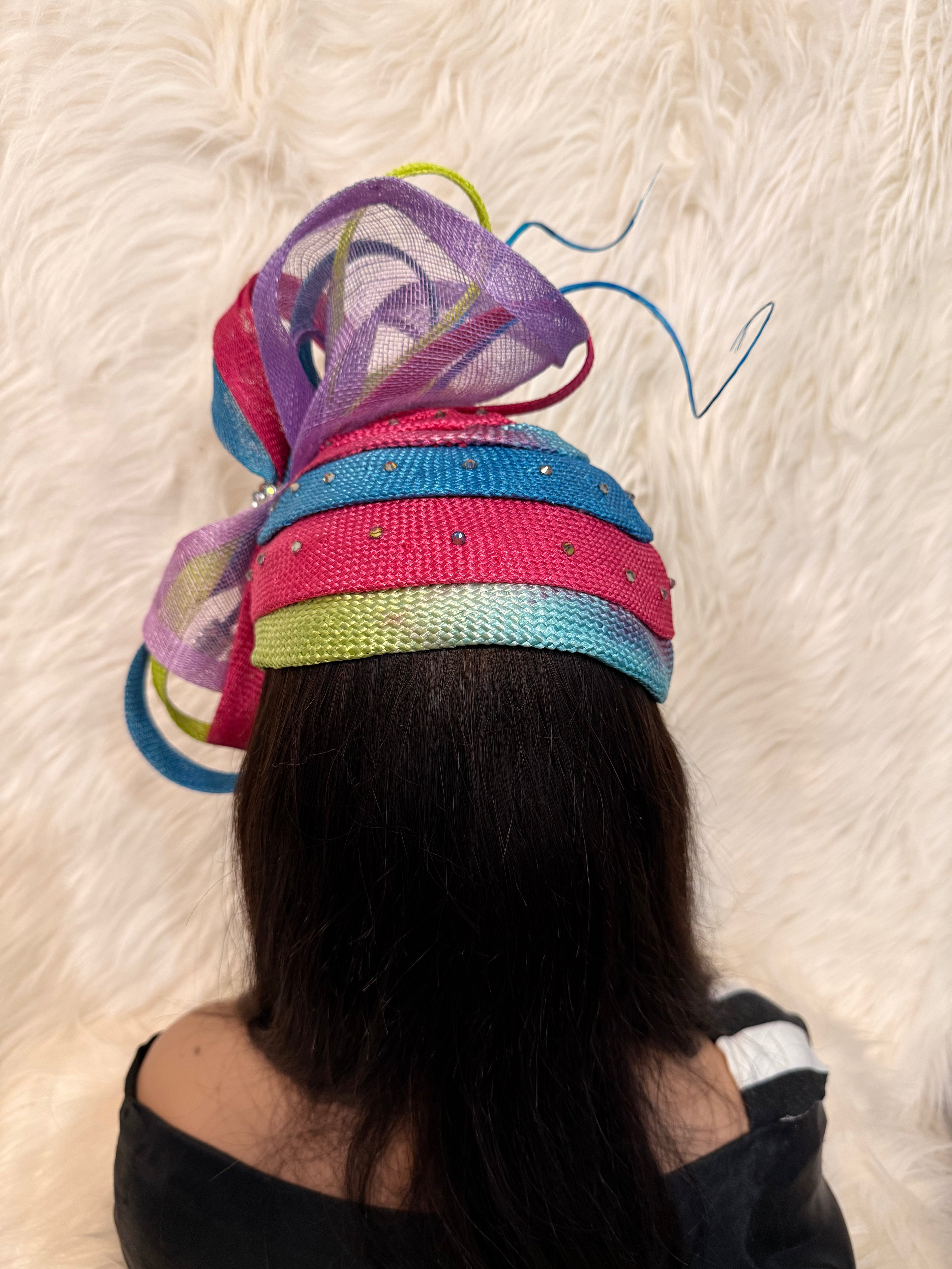Hot Pink, Lime Green, Lavender and Deep Aqua Blue Multi-colored Layered Hat(3/4 Hat)