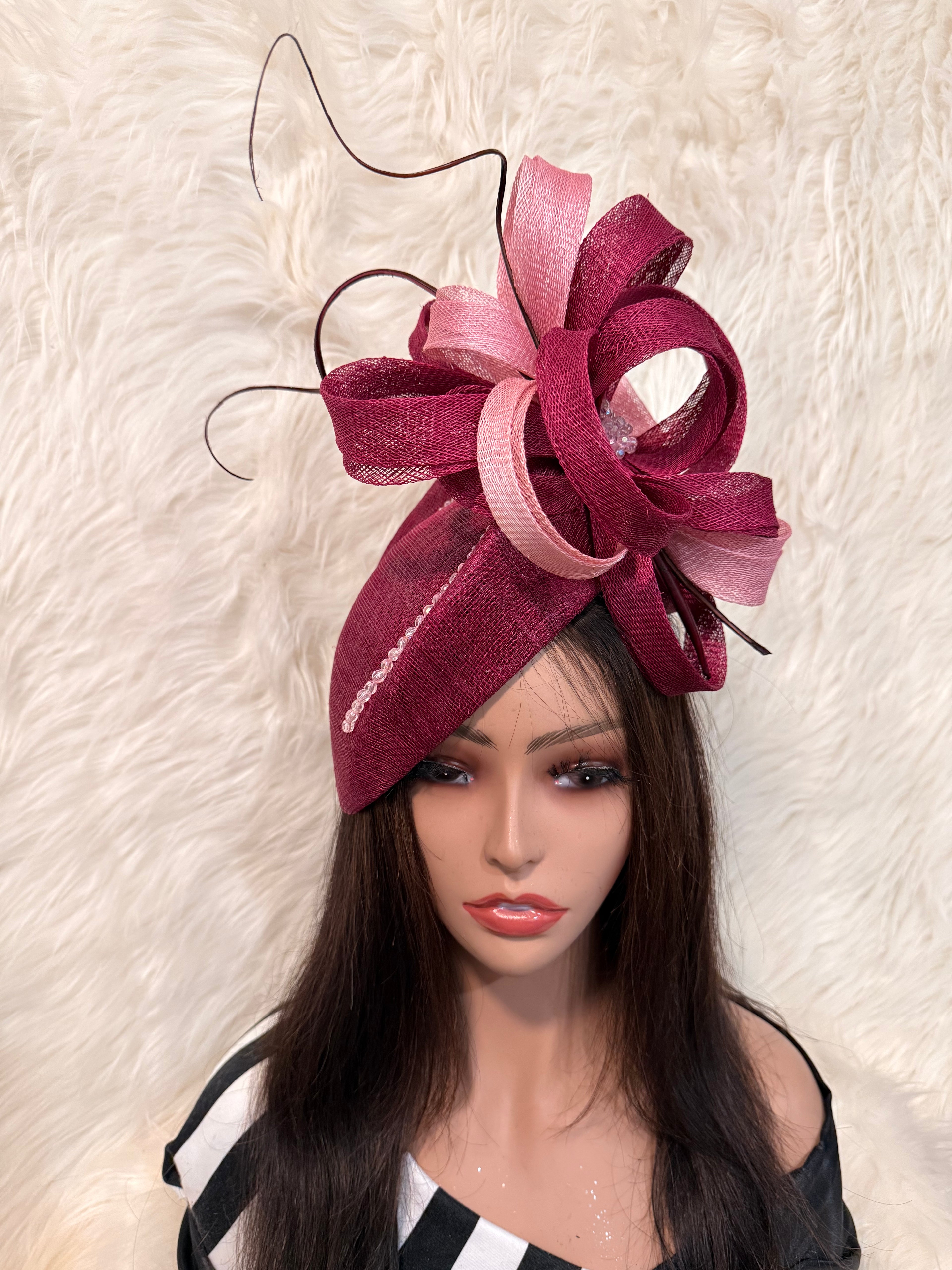 Burgundy / Baby Pink Teardrop Pillbox Hat