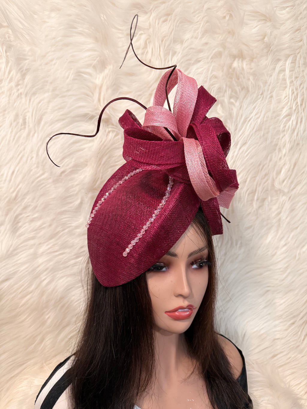 Burgundy / Baby Pink Teardrop Pillbox Hat