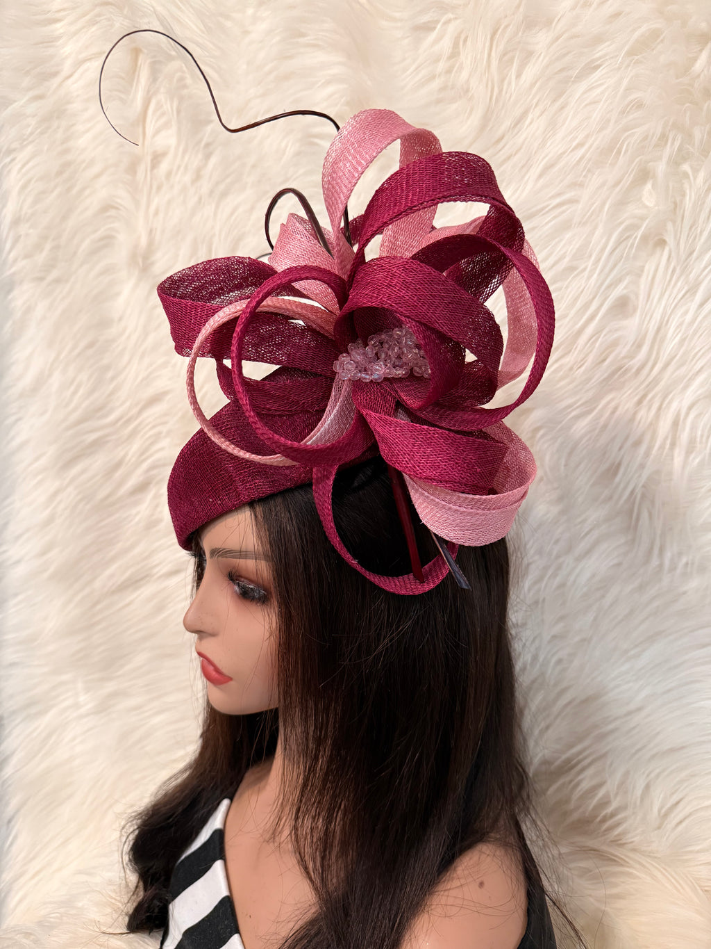 Burgundy / Baby Pink Teardrop Pillbox Hat