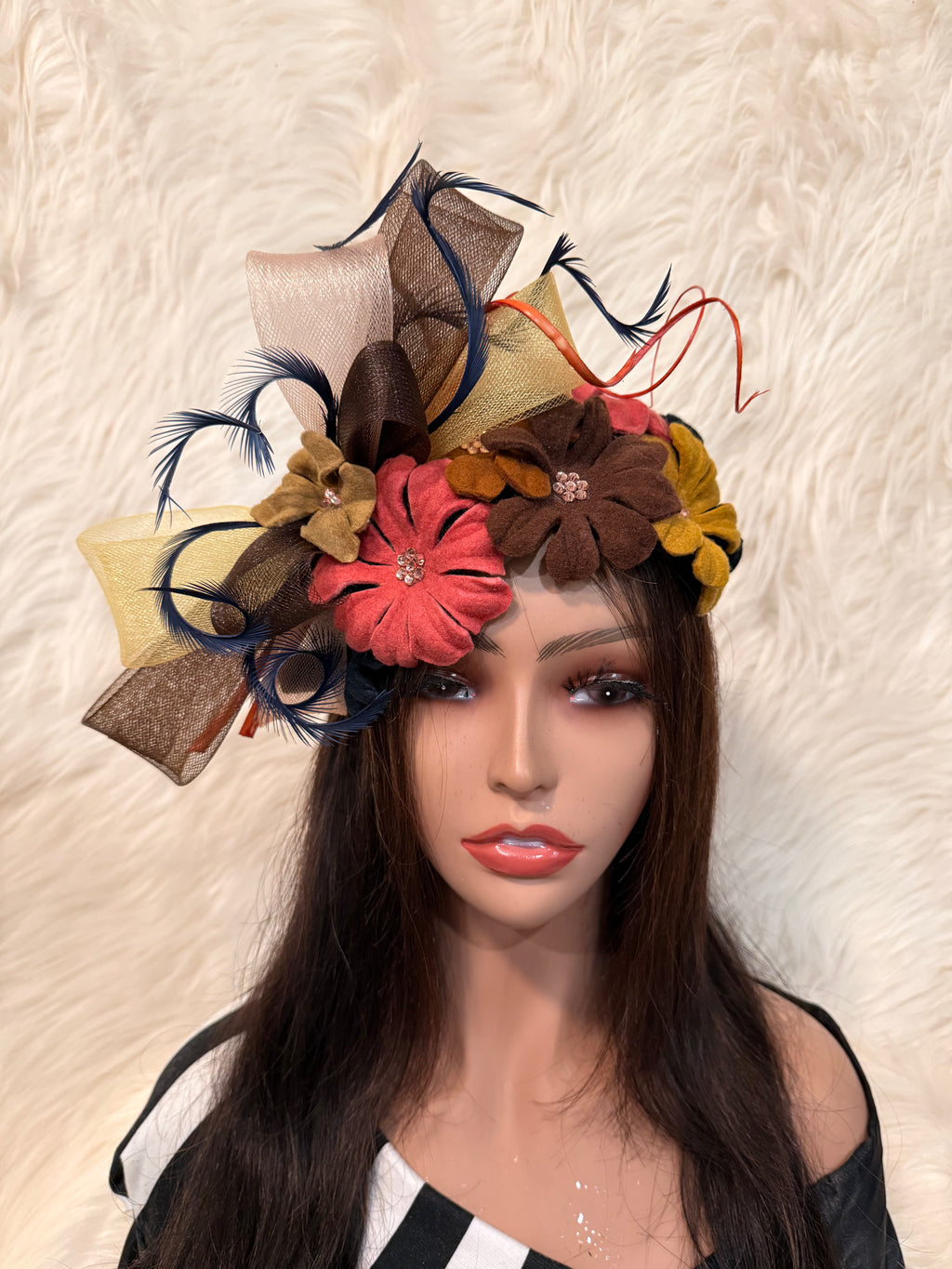 Brown Multi-Colored Felt Petal Hat (1/2 Hat)