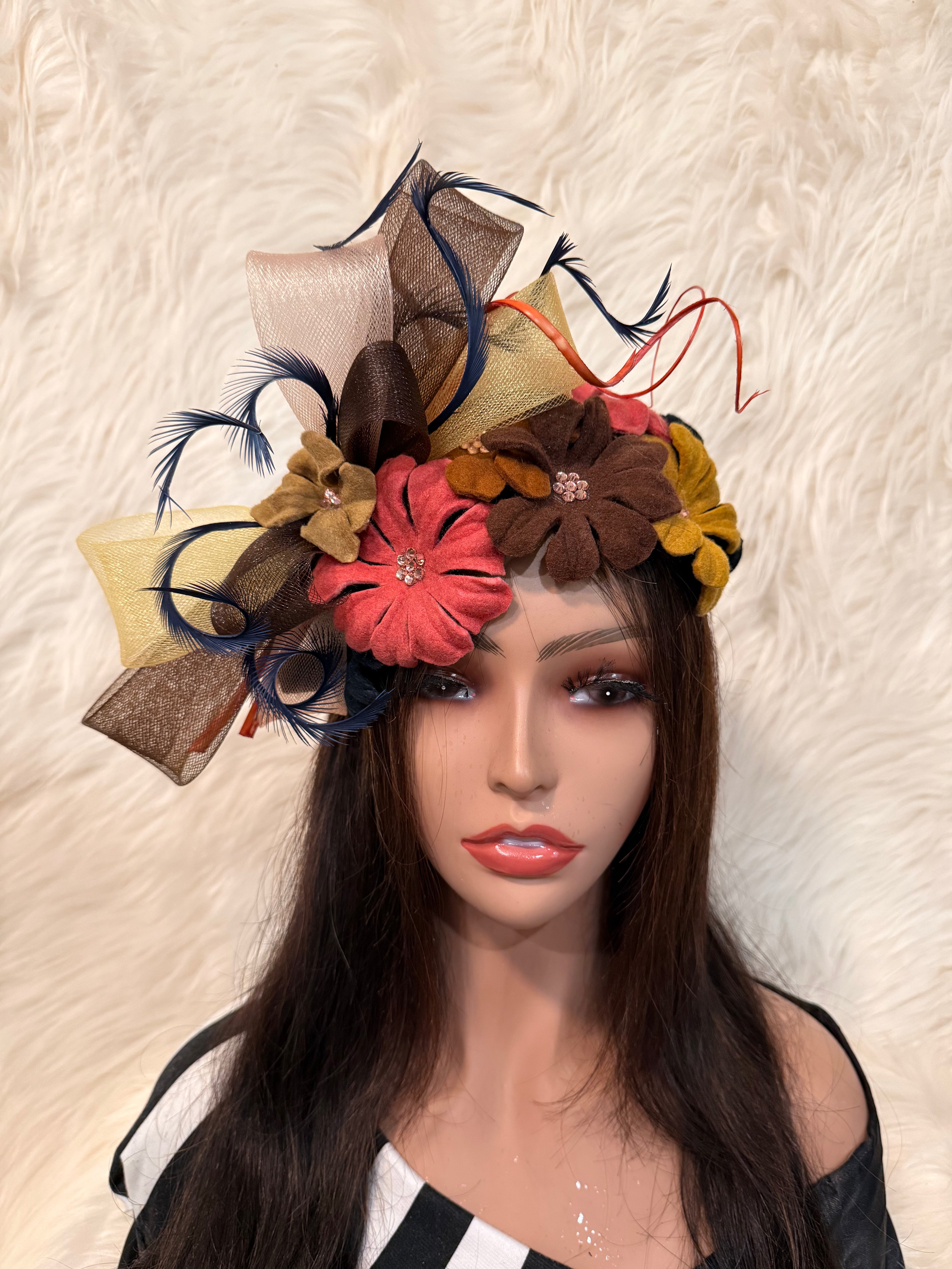 Brown Multi-Colored Felt Petal Hat (1/2 Hat)