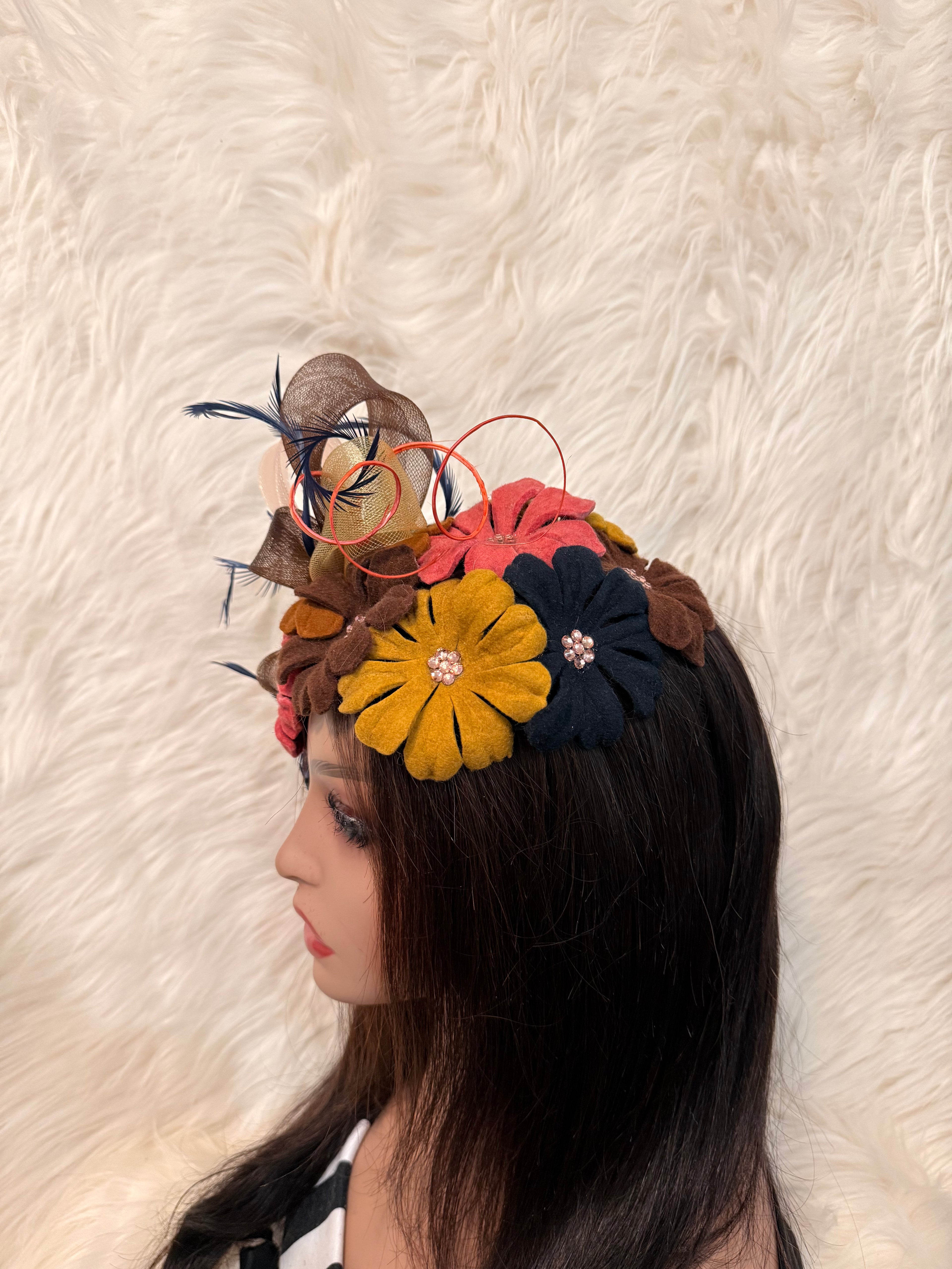 Brown Multi-Colored Felt Petal Hat (1/2 Hat)