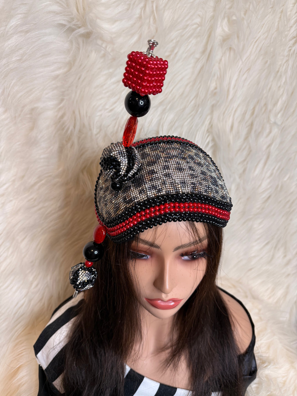 Leopard Print Crystal/Pearls Hat (1/2 Hat)