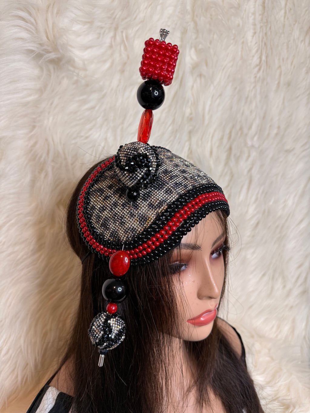 Leopard Print Crystal/Pearls Hat (1/2 Hat)