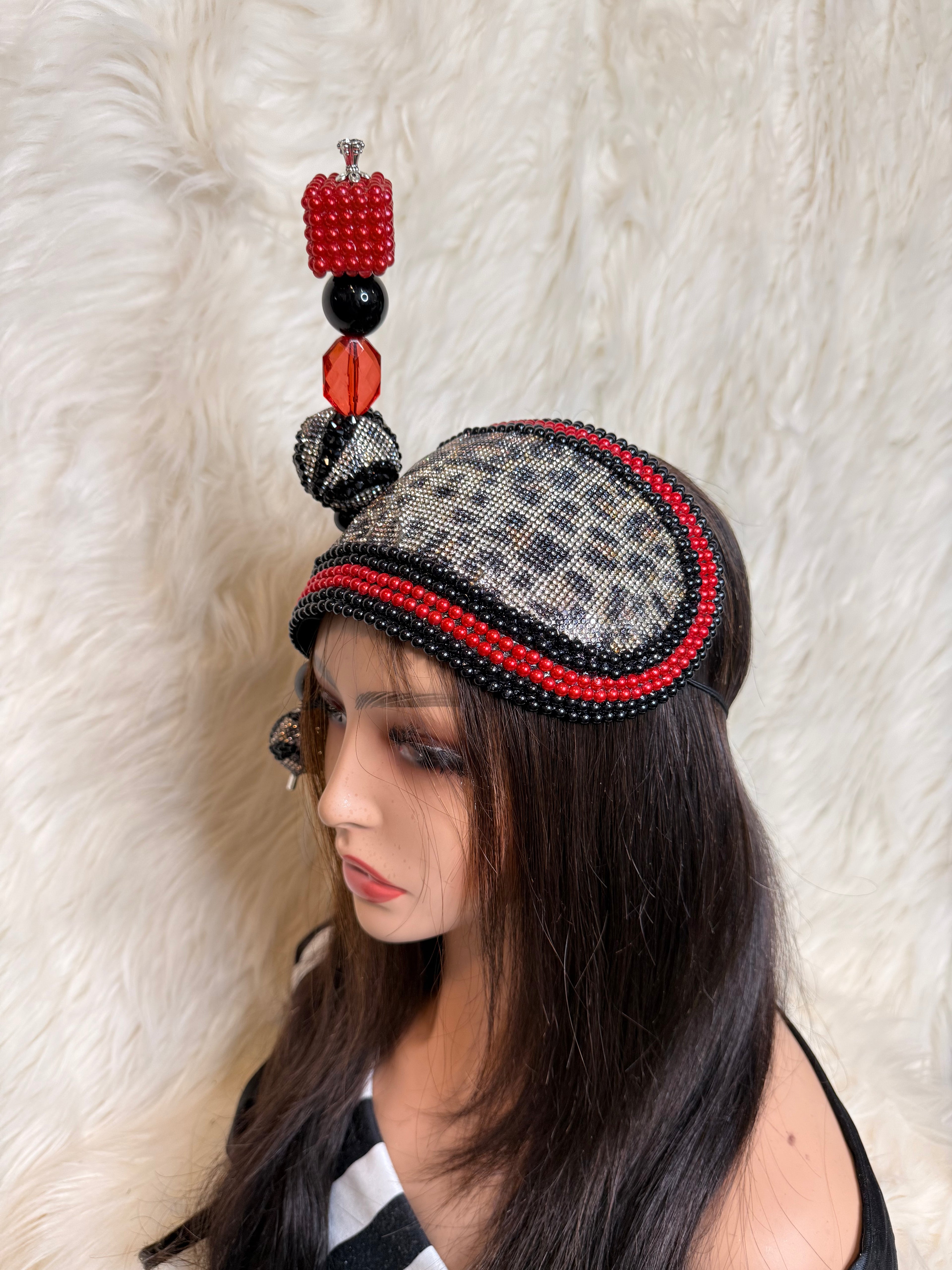Leopard Print Crystal/Pearls Hat (1/2 Hat)