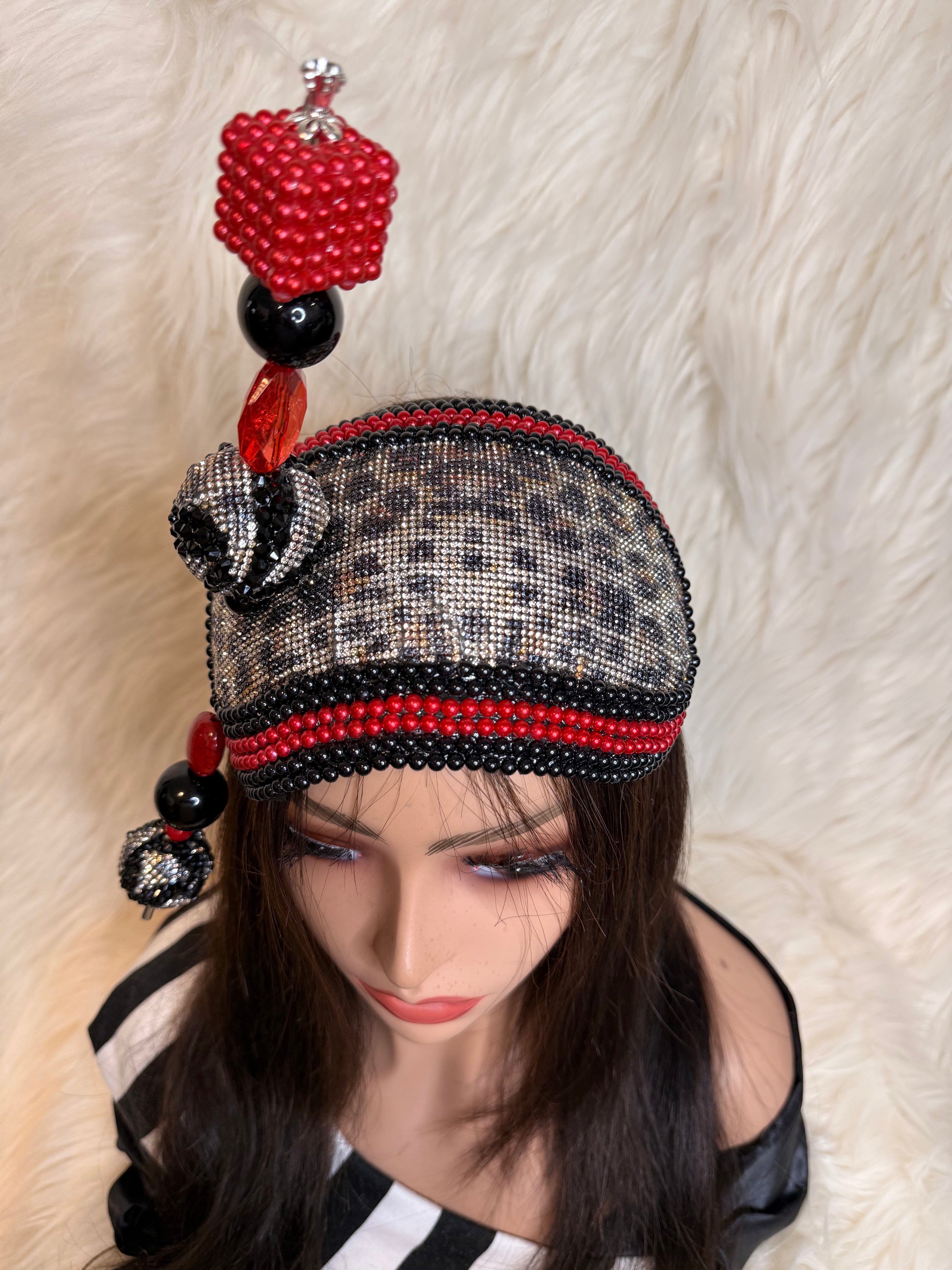 Leopard Print Crystal/Pearls Hat (1/2 Hat)