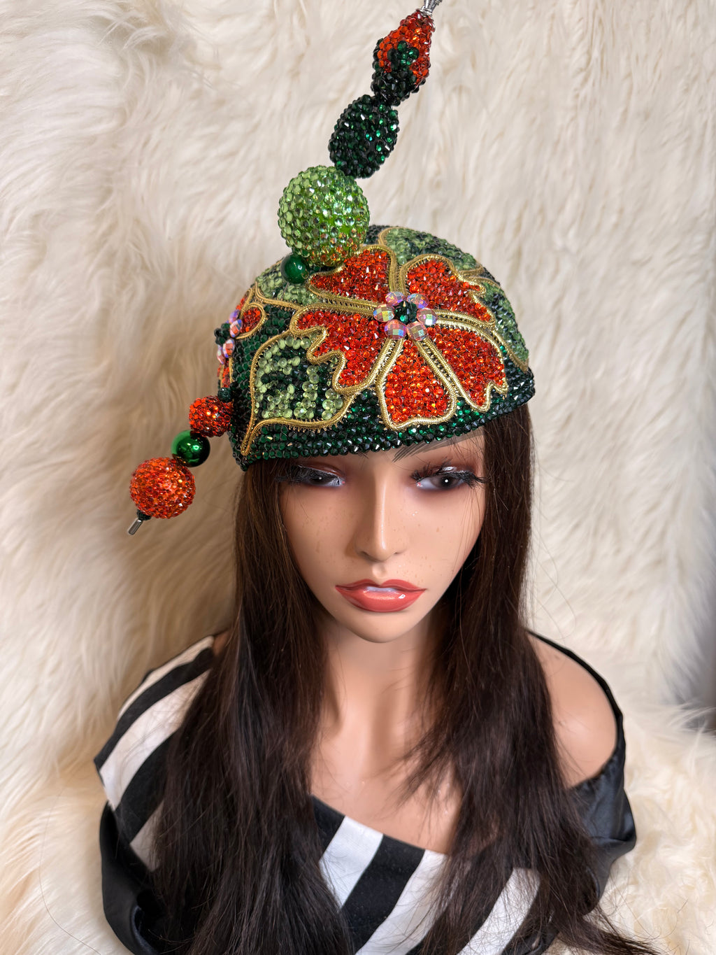 Emerald Green and Orange Crystal Hat (3/4 Hat)