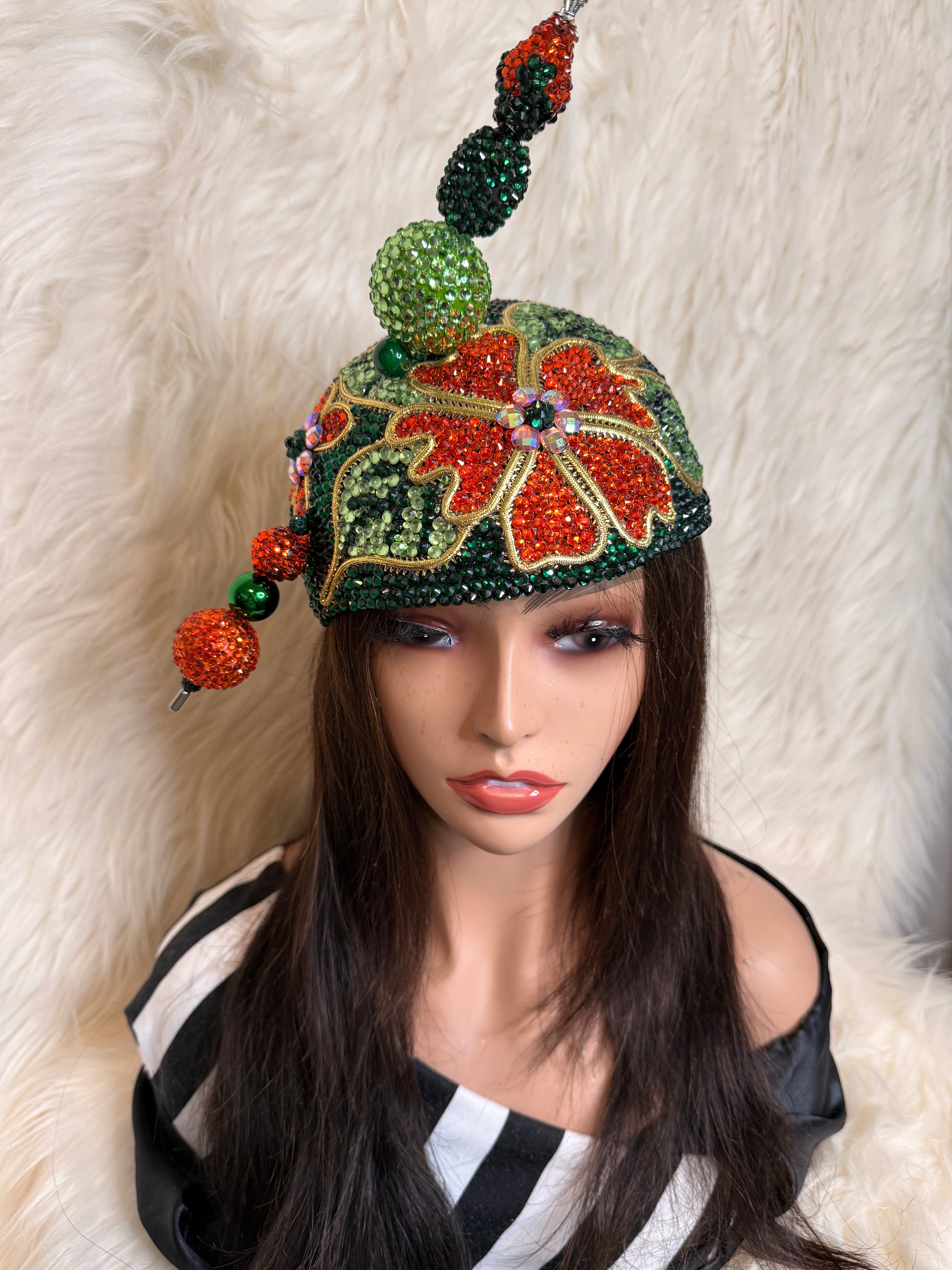 Emerald Green and Orange Crystal Hat (3/4 Hat)