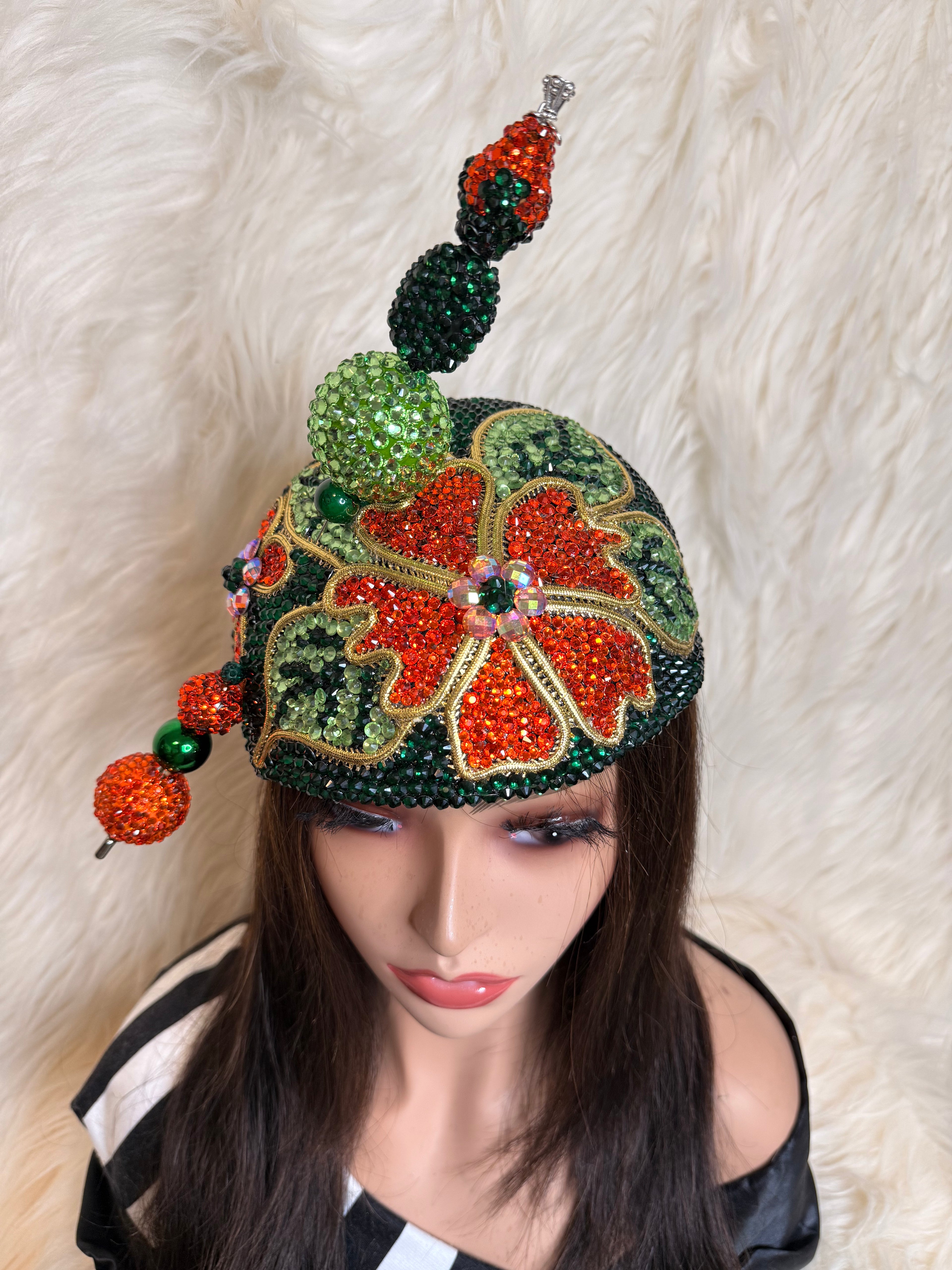 Emerald Green and Orange Crystal Hat (3/4 Hat)