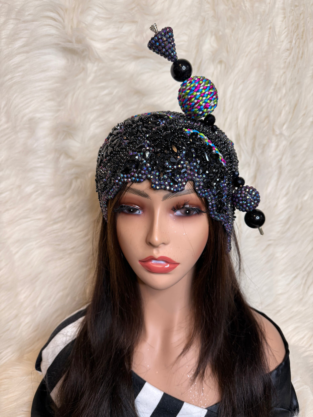 Black and Multi Colored Crystal Hat (3/4 Hat)