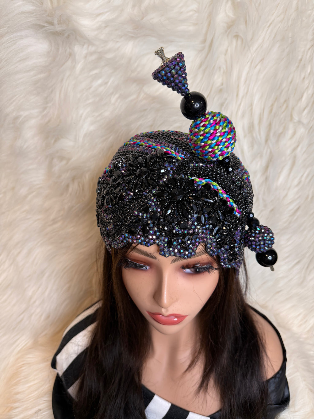 Black and Multi Colored Crystal Hat (3/4 Hat)