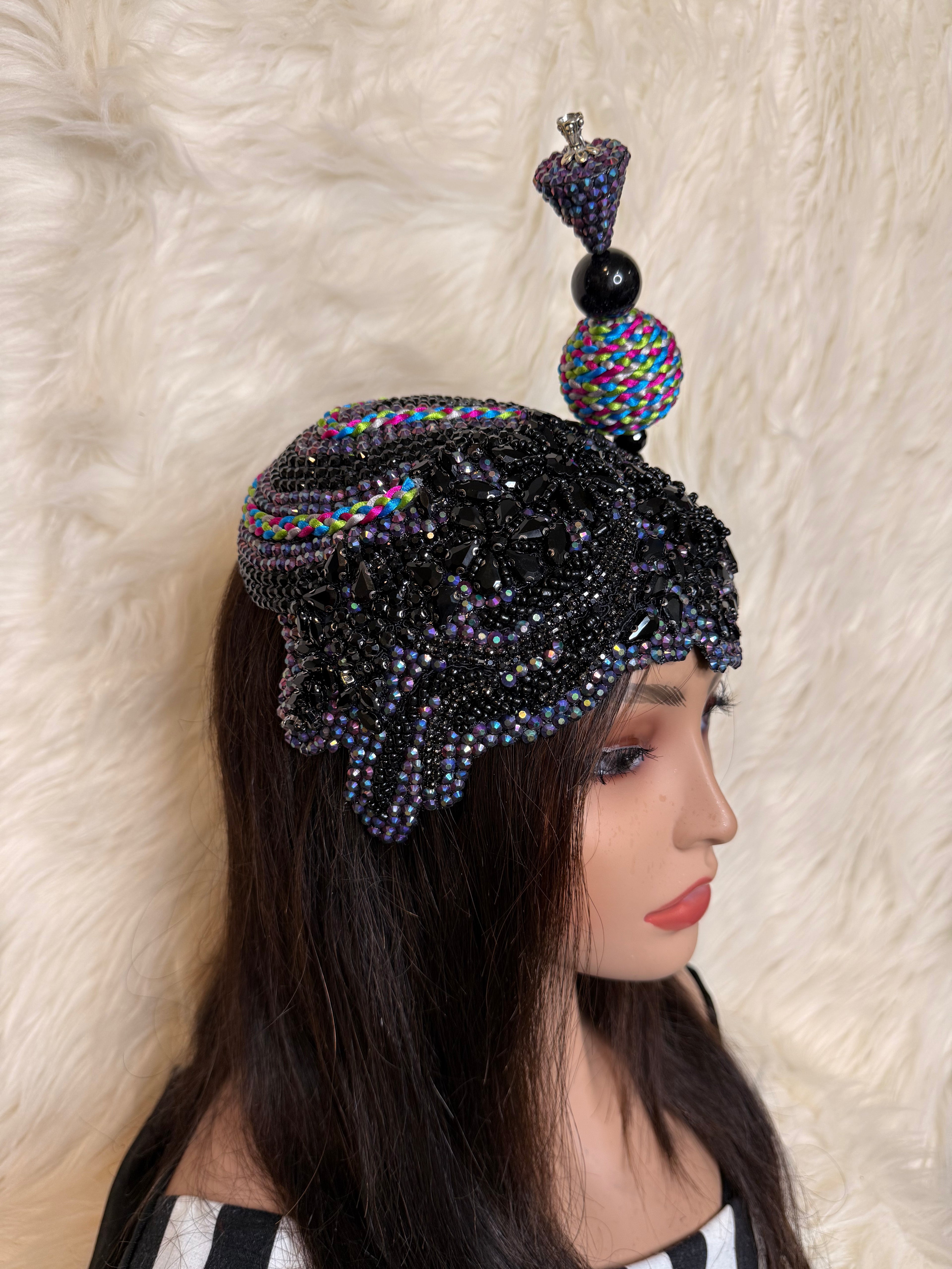 Black and Multi Colored Crystal Hat (3/4 Hat)