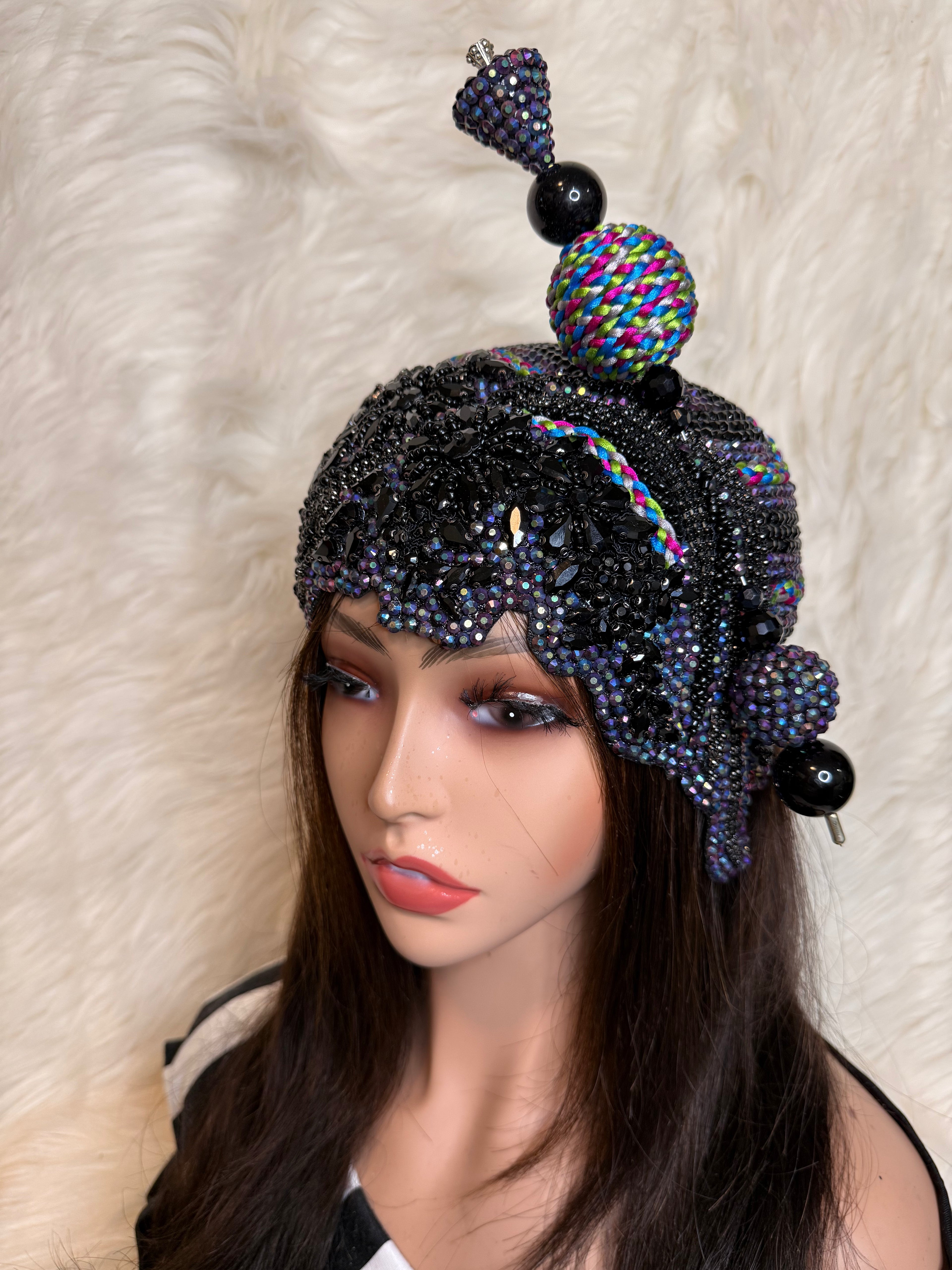 Black and Multi Colored Crystal Hat (3/4 Hat)