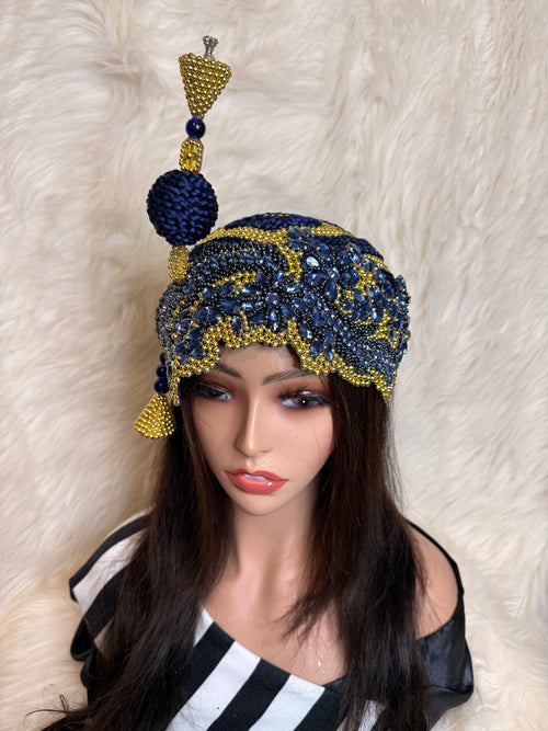 Gold Pearls and Navy Blue Crystal Hat (3/4 Hat)