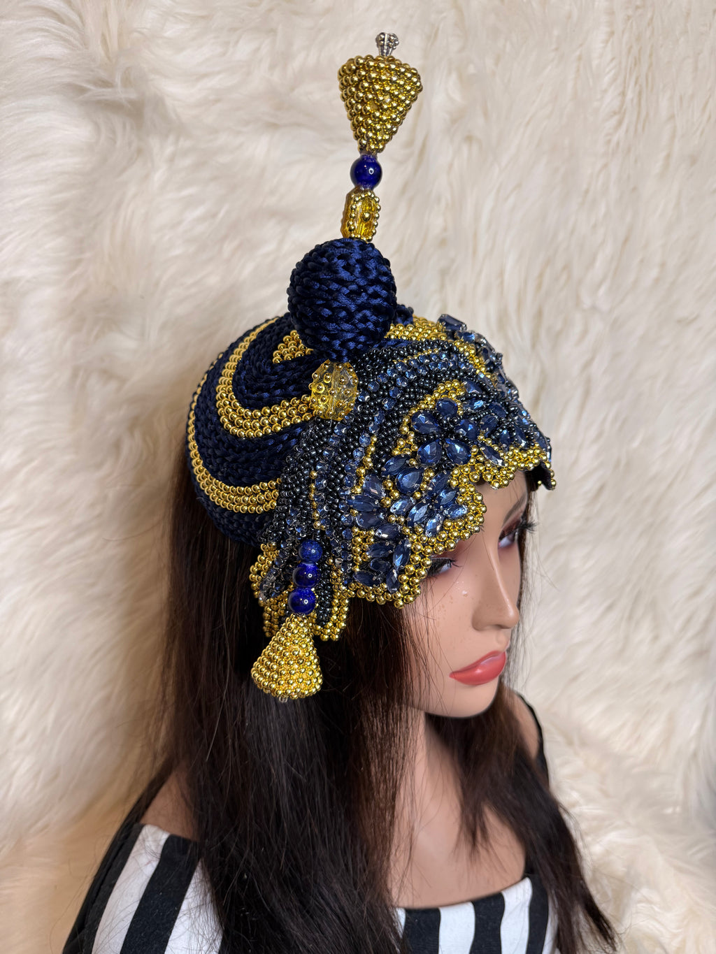Gold Pearls and Navy Blue Crystal Hat (3/4 Hat)