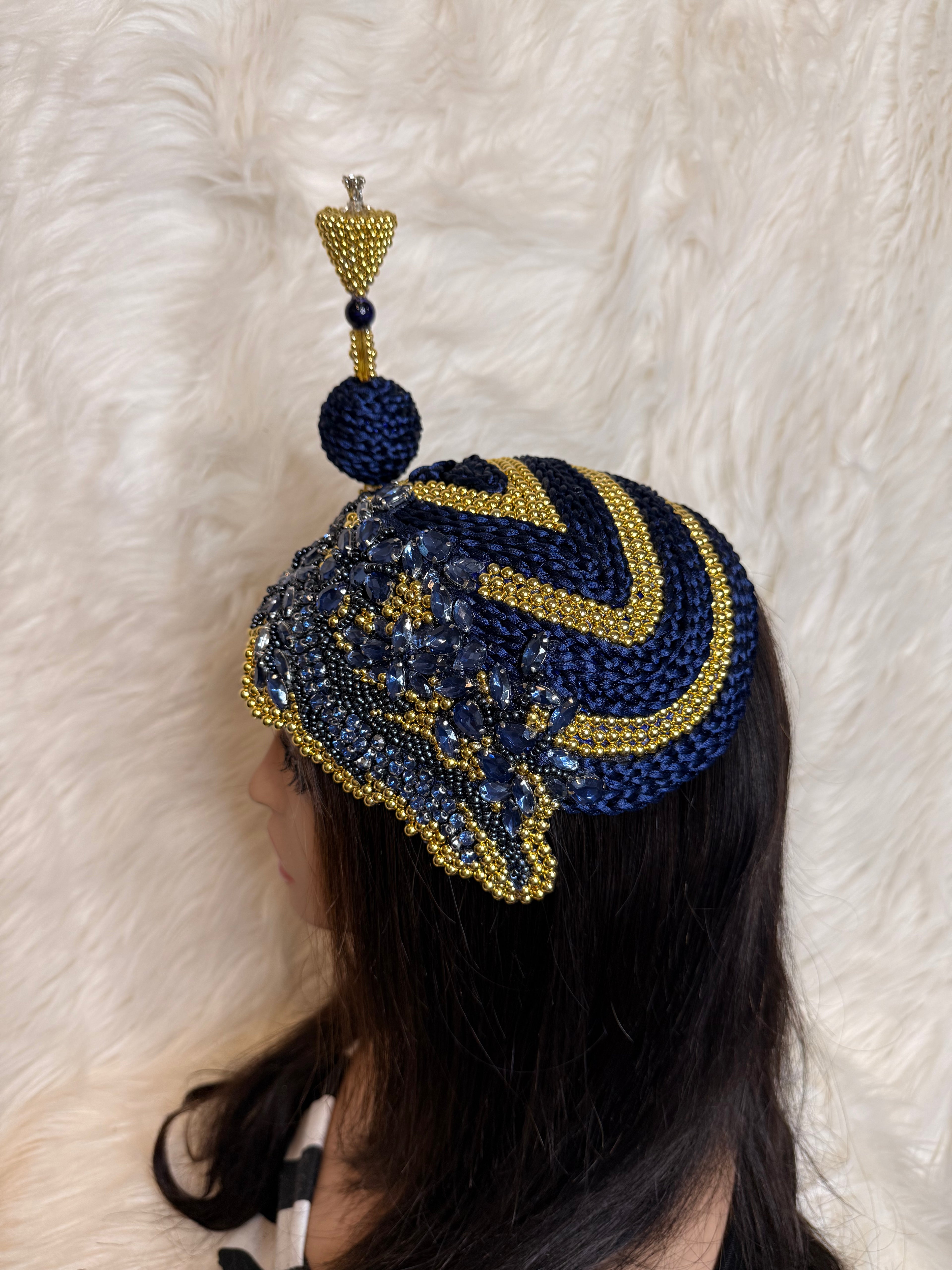 Gold Pearls and Navy Blue Crystal Hat (3/4 Hat)