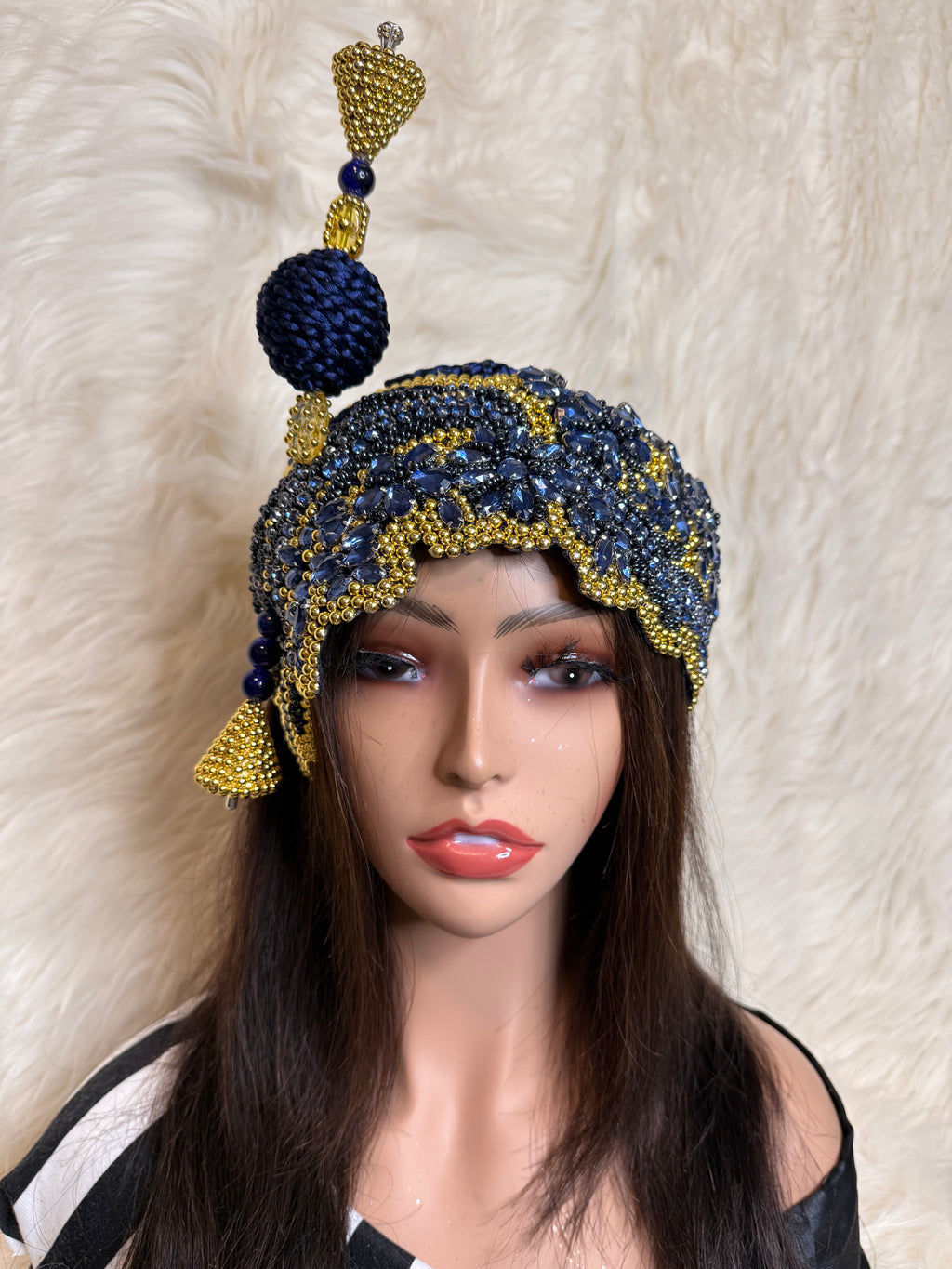 Gold Pearls and Navy Blue Crystal Hat (3/4 Hat)